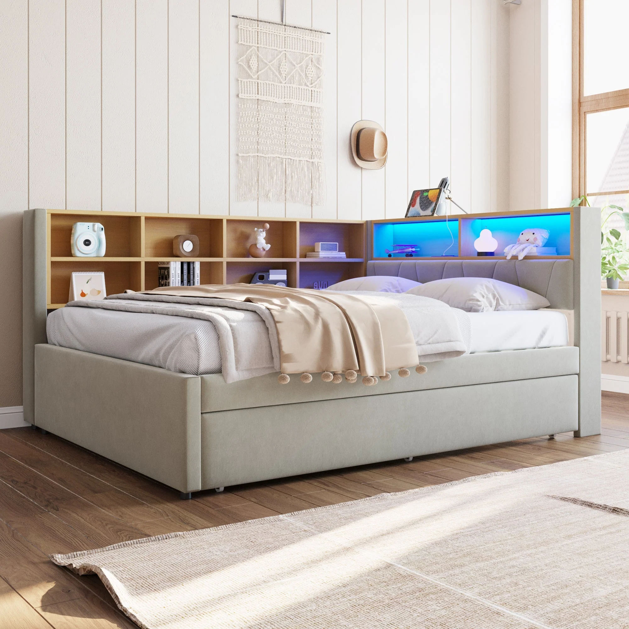 Sofa Bed 140x200, Pull-out Bed 90x190, LED Lights, Storage, Upholstered, Flannel, Light Gray - Image 2
