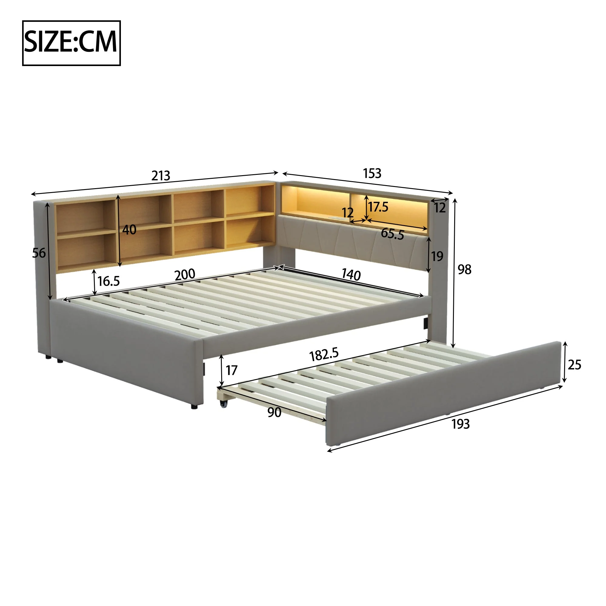 Sofa Bed 140x200 Pull-out LED Storage, Flannel Dark Gray - Image 7