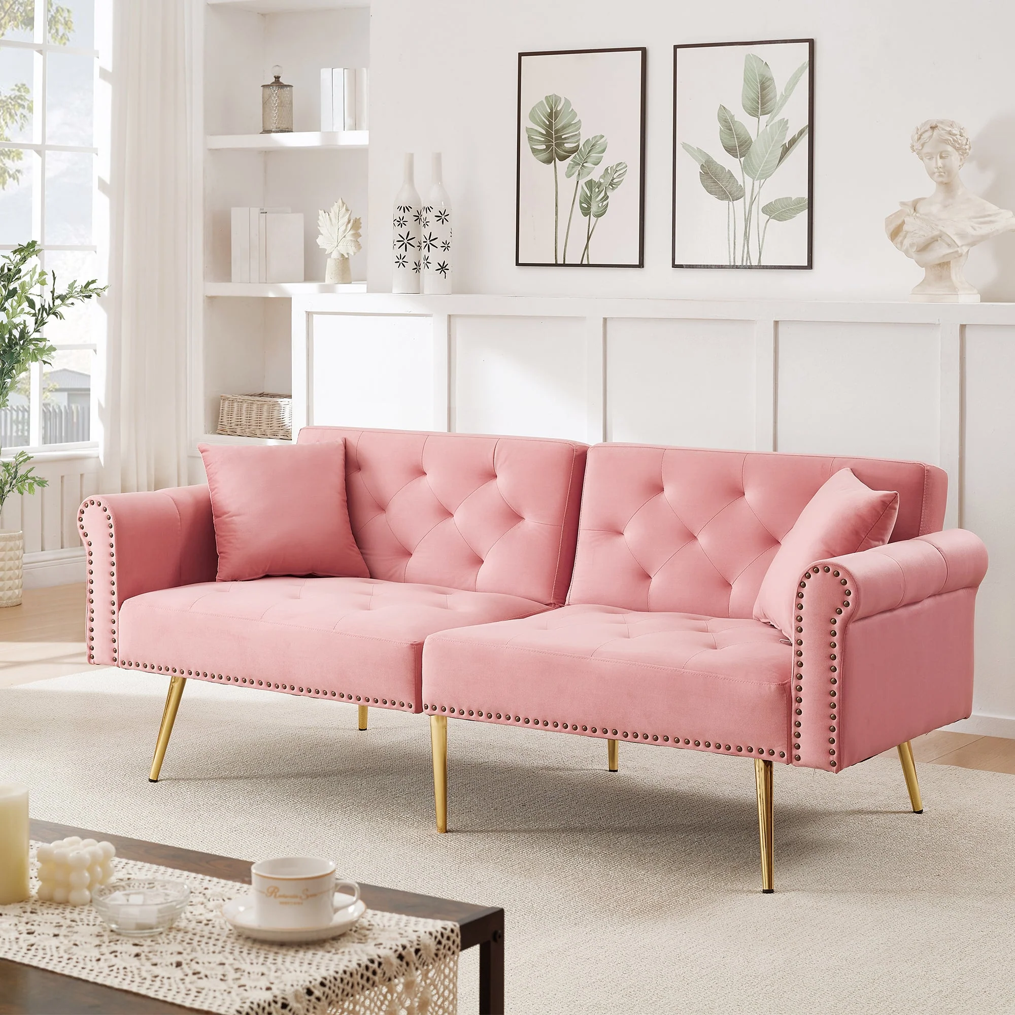 Sofa Bed, 2-Seater with 3-Level Adjustable Backrest & Gold-Plated Metal Feet, Velvet - Image 4