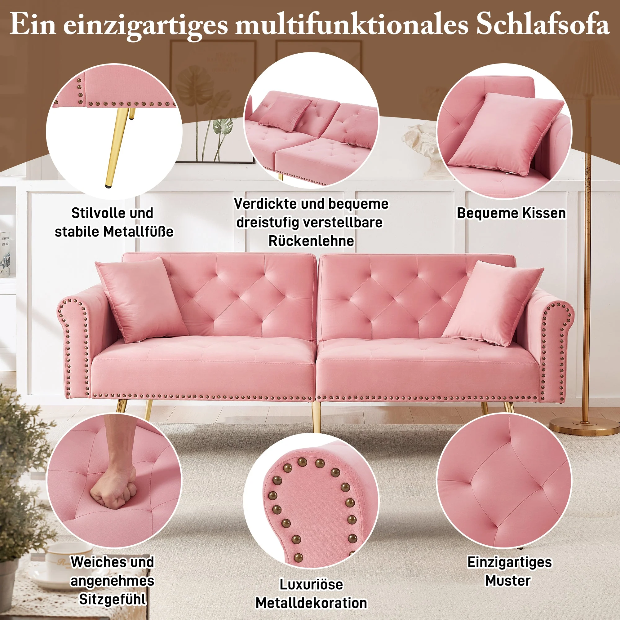 Sofa Bed, 2-Seater with 3-Level Adjustable Backrest & Gold-Plated Metal Feet, Velvet - Image 9