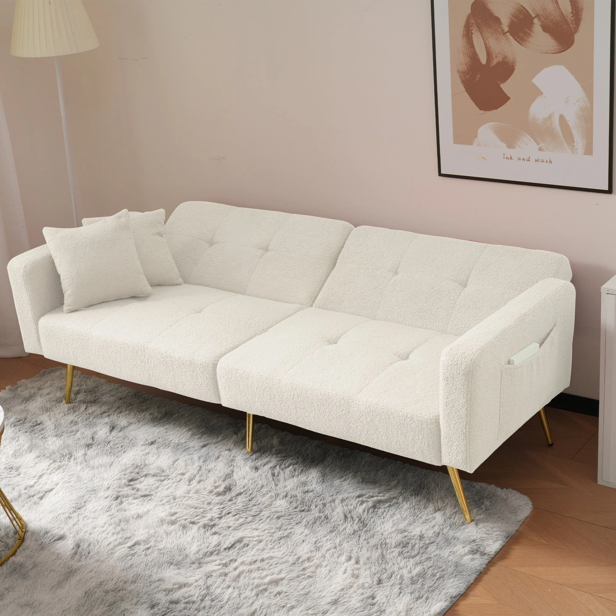 Sofa Bed, 3-Angle Adjustable Back, Gold Legs & Storage Pockets, Sherpa Fabric - Image 2