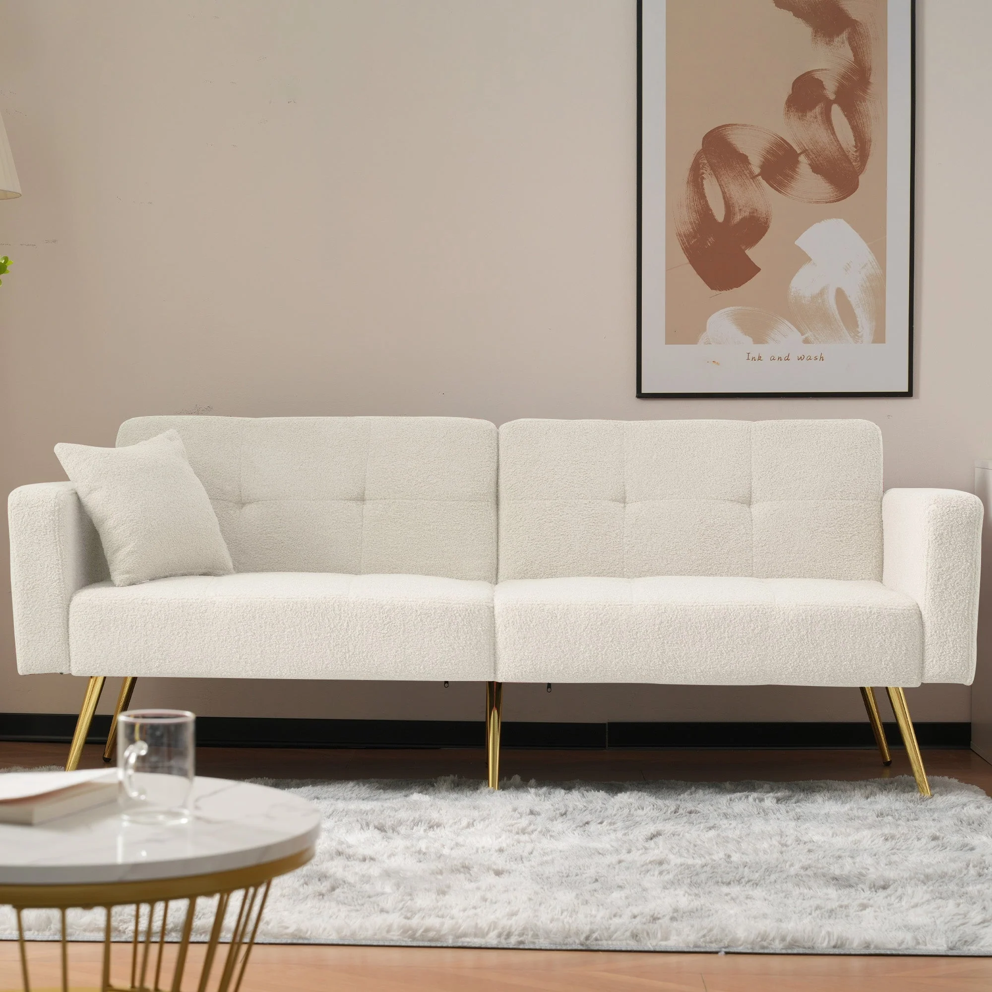 Sofa Bed, 3-Angle Adjustable Back, Gold Legs & Storage Pockets, Sherpa Fabric - Image 5