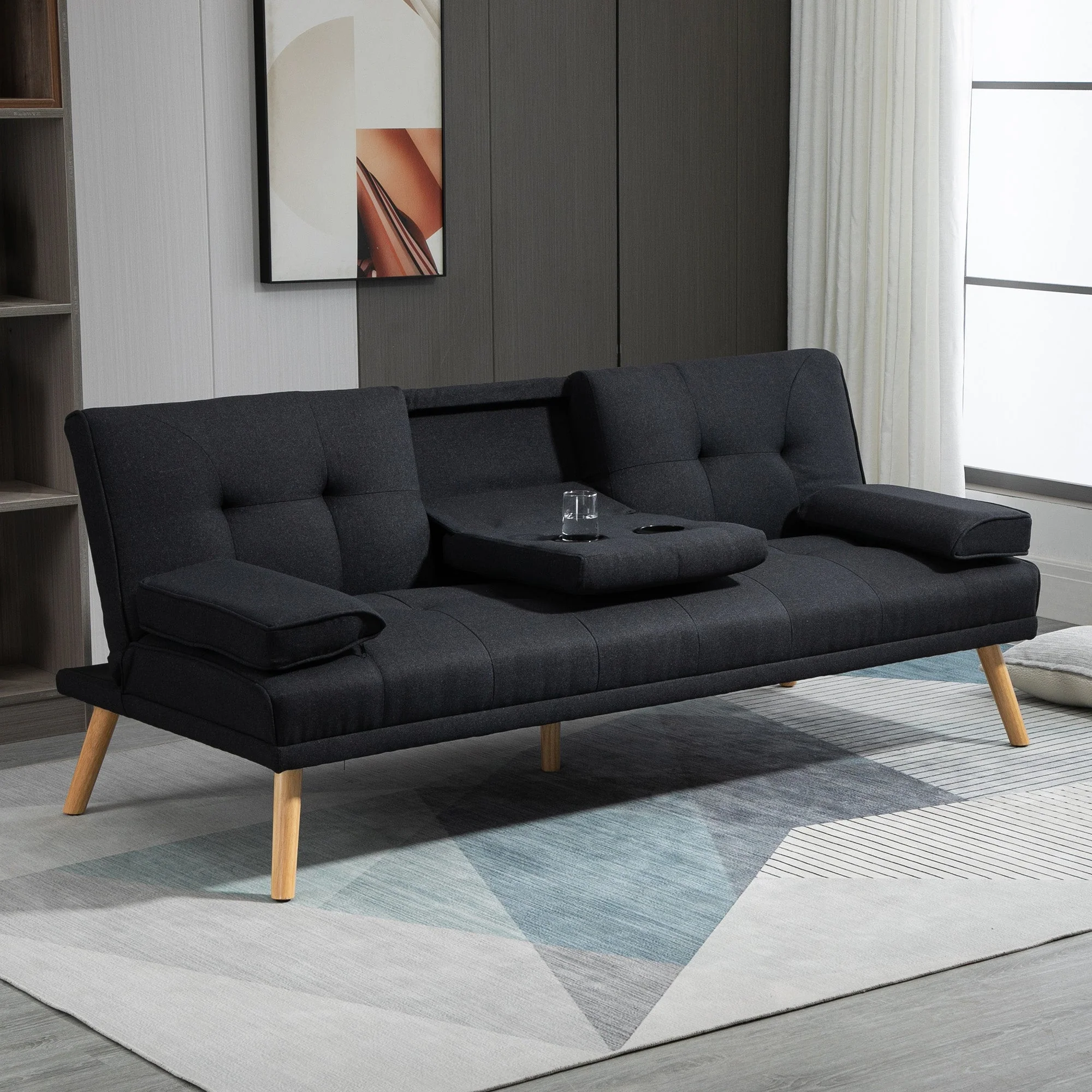 Sofa Bed 3-Seater Fold-Down Table Cup Holder Scandinavian Design Linen Look Grey