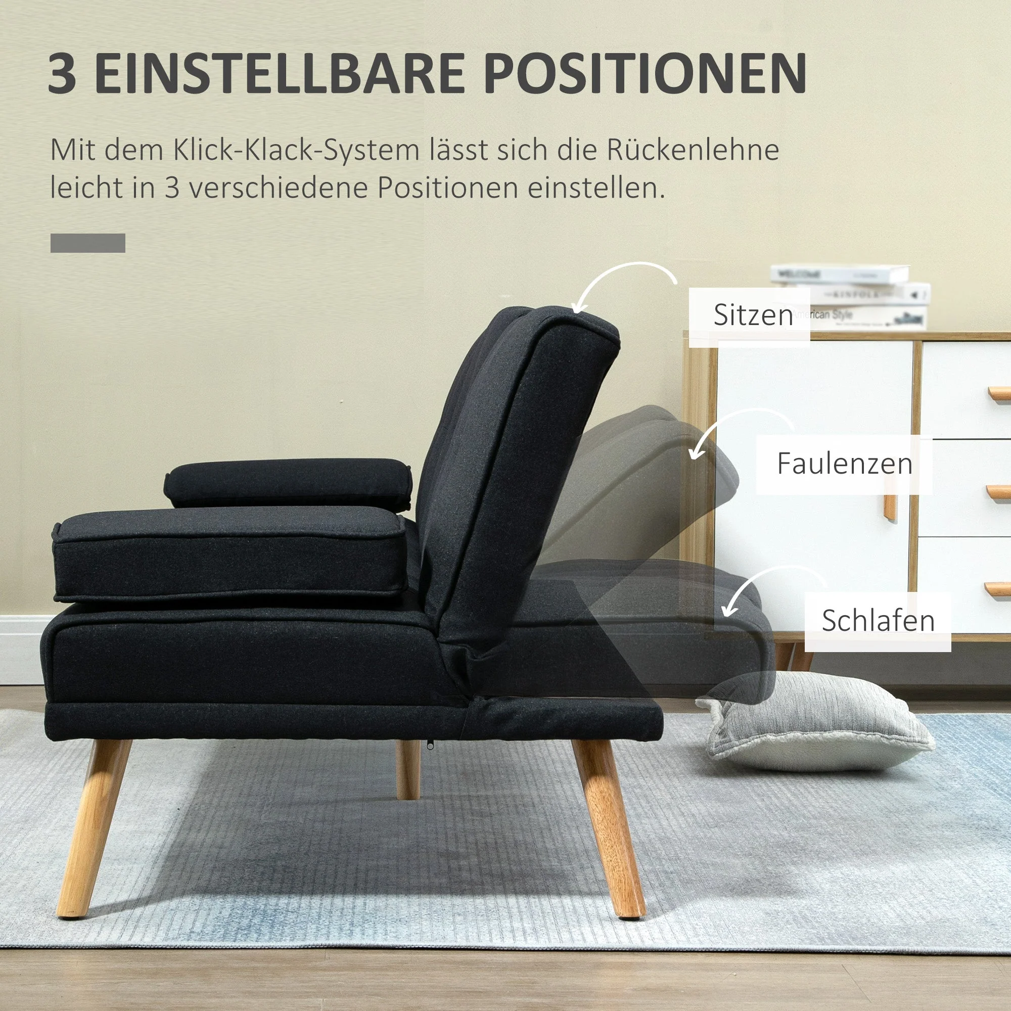 Sofa Bed 3-Seater Fold-Down Table Cup Holder Scandinavian Design Linen Look Grey - Image 5