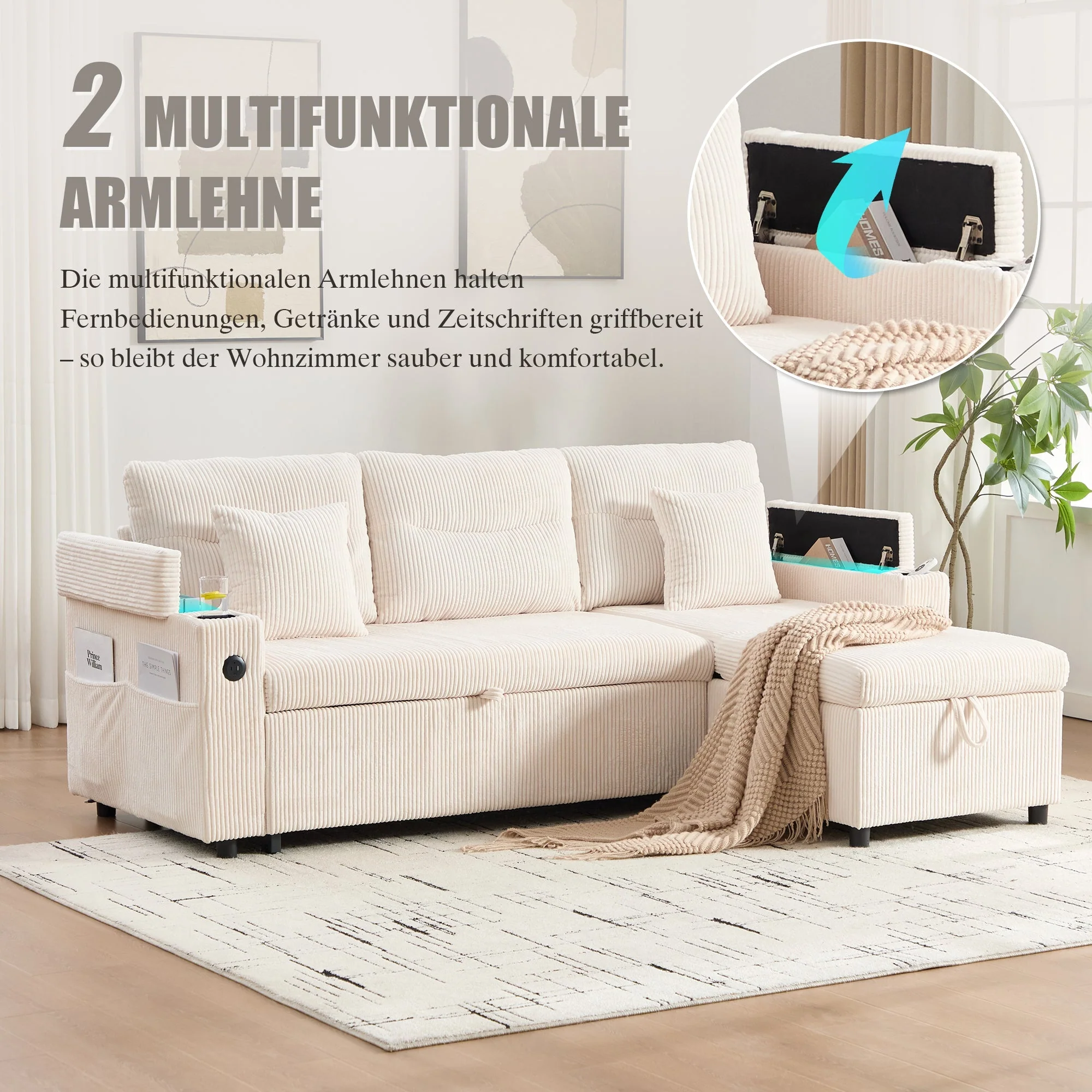 Sofa Bed 3-Seater Hydraulic Chaise Storage USB-C Cup Holders Corduroy - Image 14