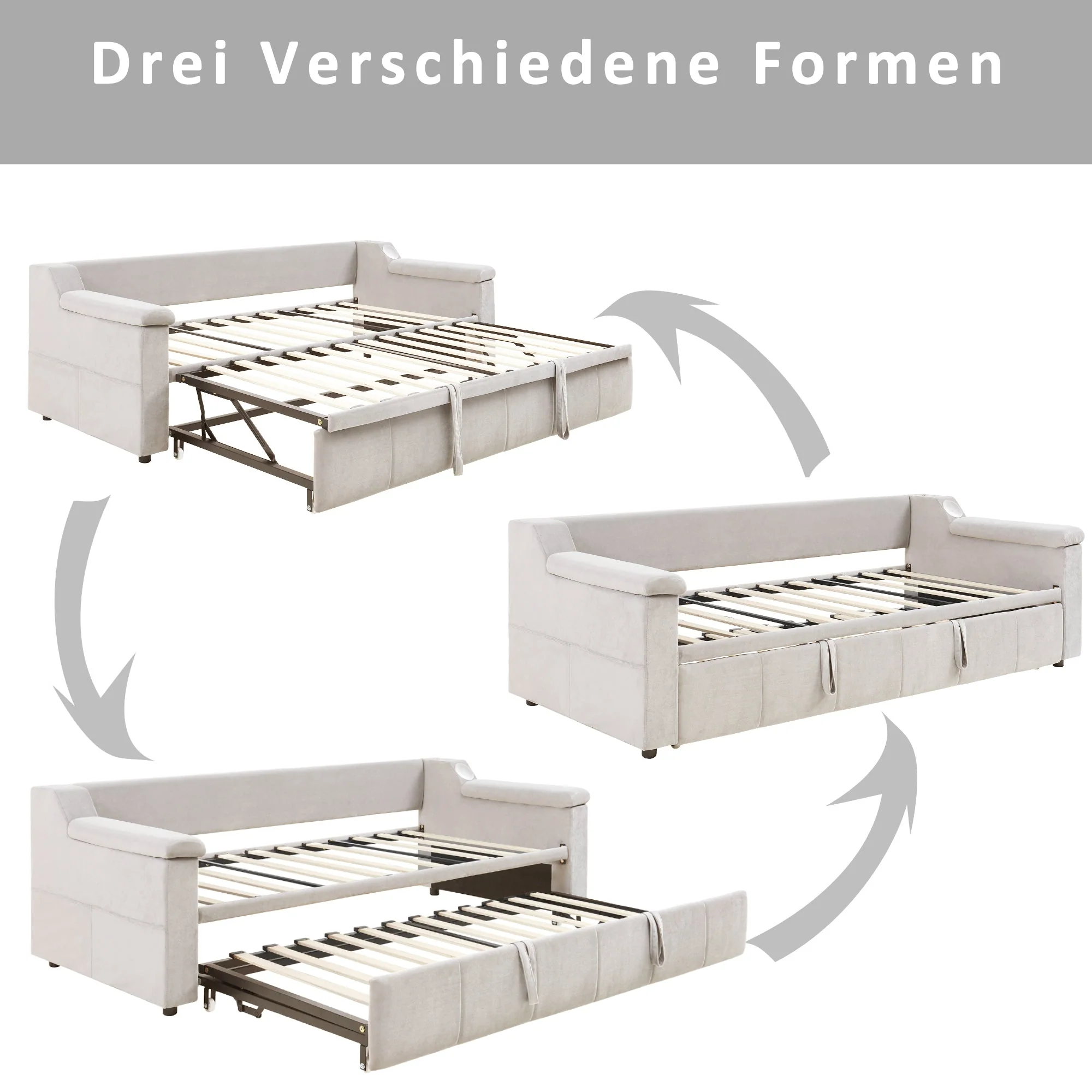 Sofa Bed, 90/180*190cm, Bluetooth, USB, Storage, Slatted Frame, Velvet Beige - Image 9