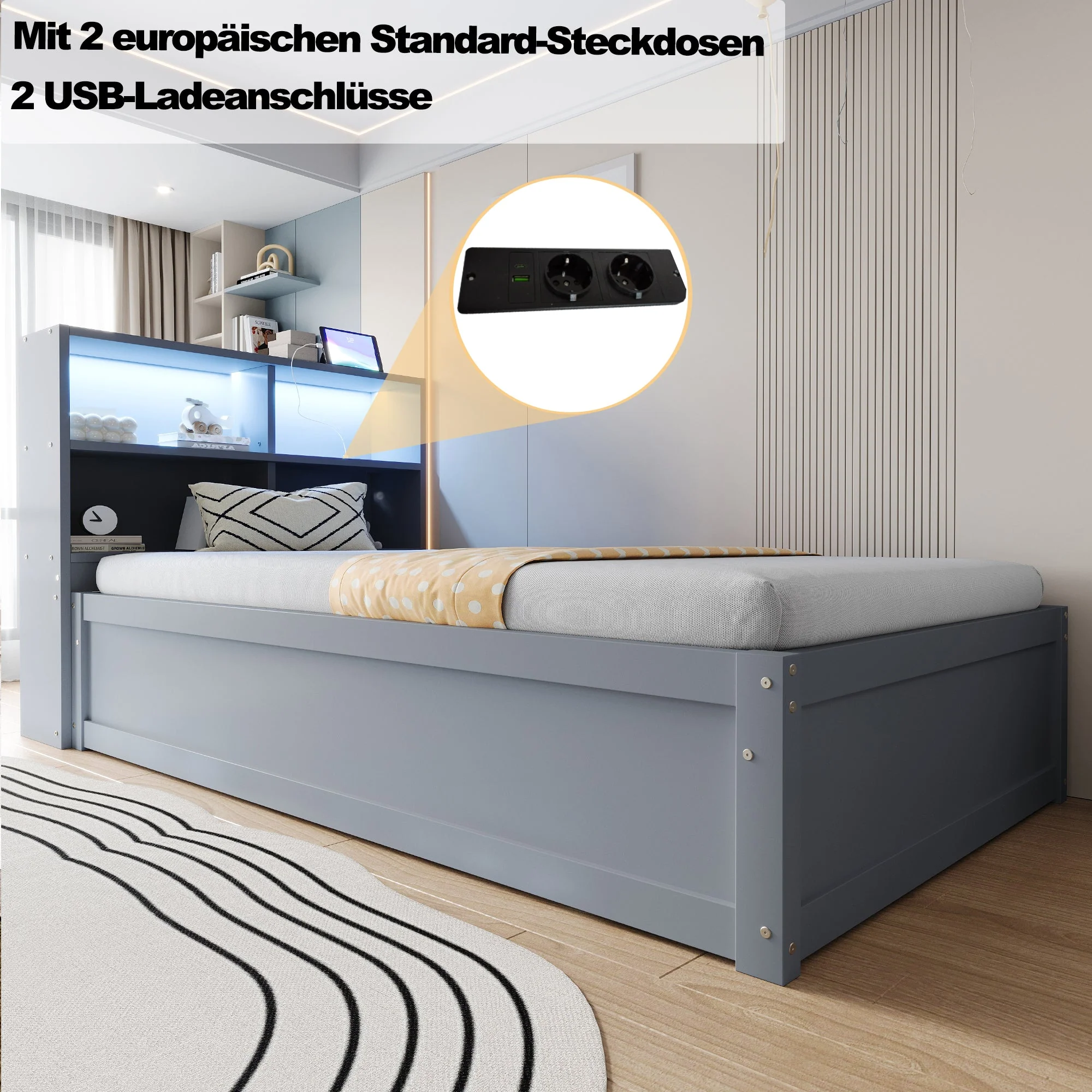 Sofa Bed 90*200, Hydraulic with Storage & Light Bar, Solid Wood, Gray - Image 7