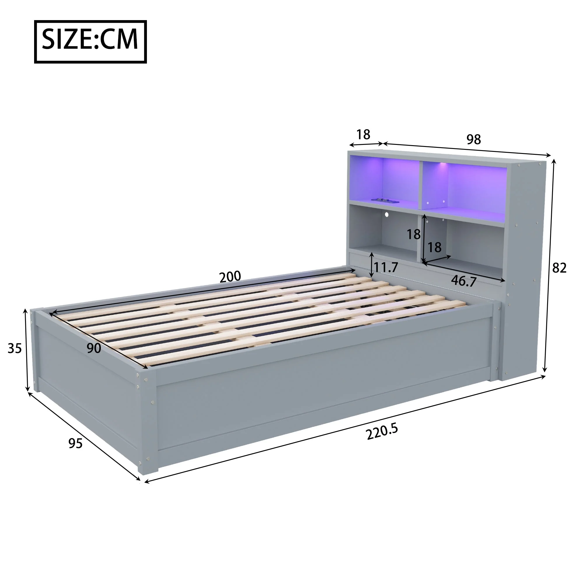 Sofa Bed 90*200, Hydraulic with Storage & Light Bar, Solid Wood, Gray - Image 8