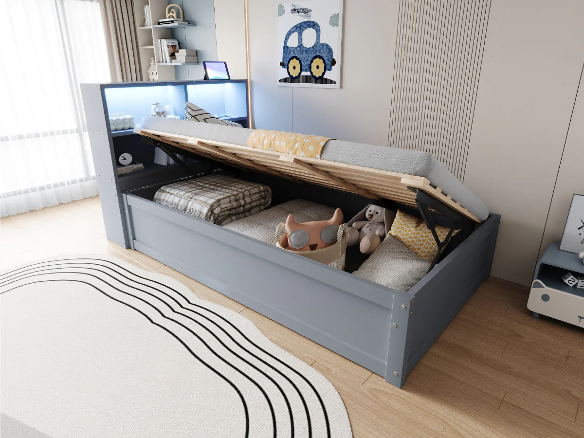 Sofa Bed 90*200, Hydraulic with Storage & Light Bar, Solid Wood, Gray - Image 9