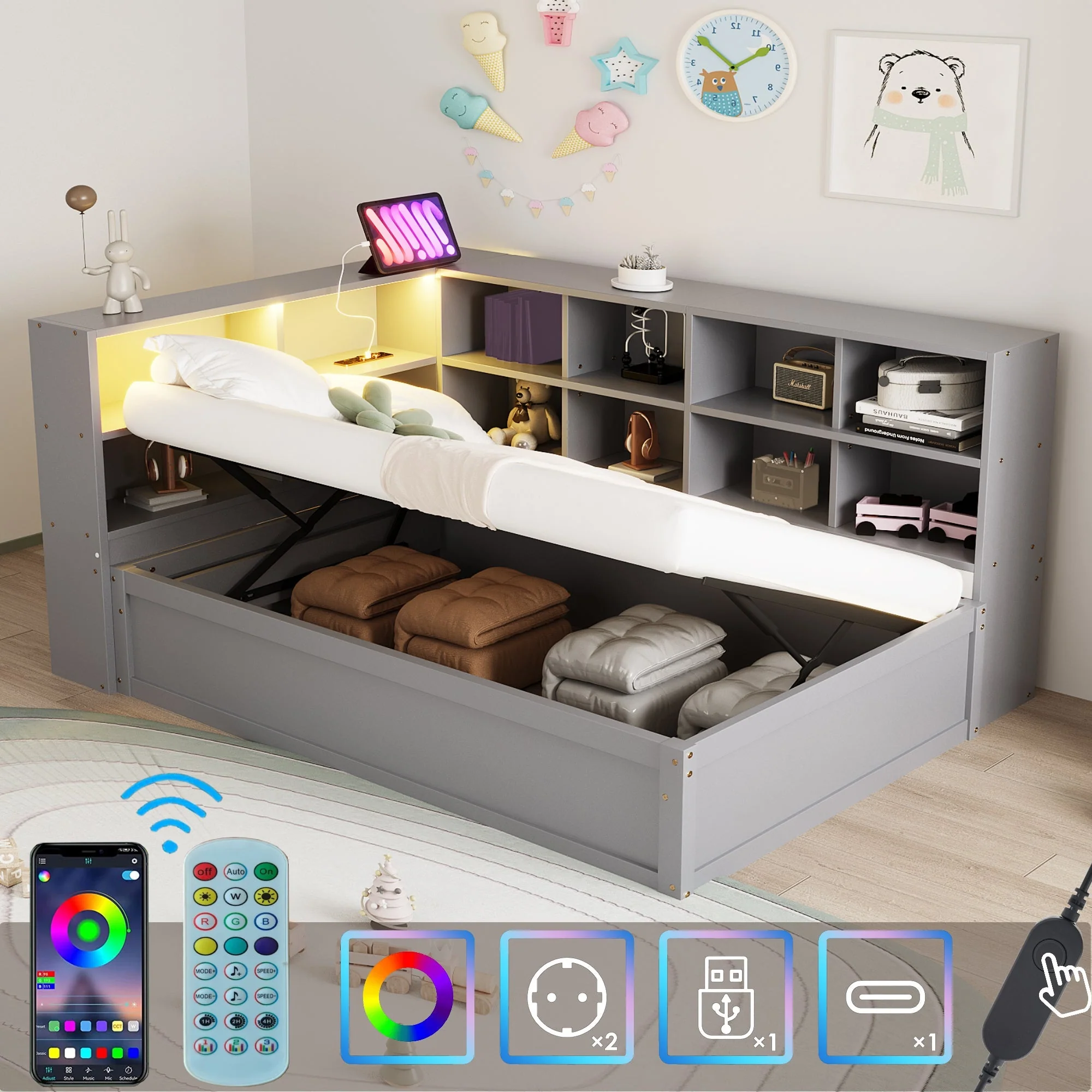 Sofa bed 90*200, multiple sockets, storage, light bar, hydraulic, solid wood, single, multifunctional wooden, gray - Image 7