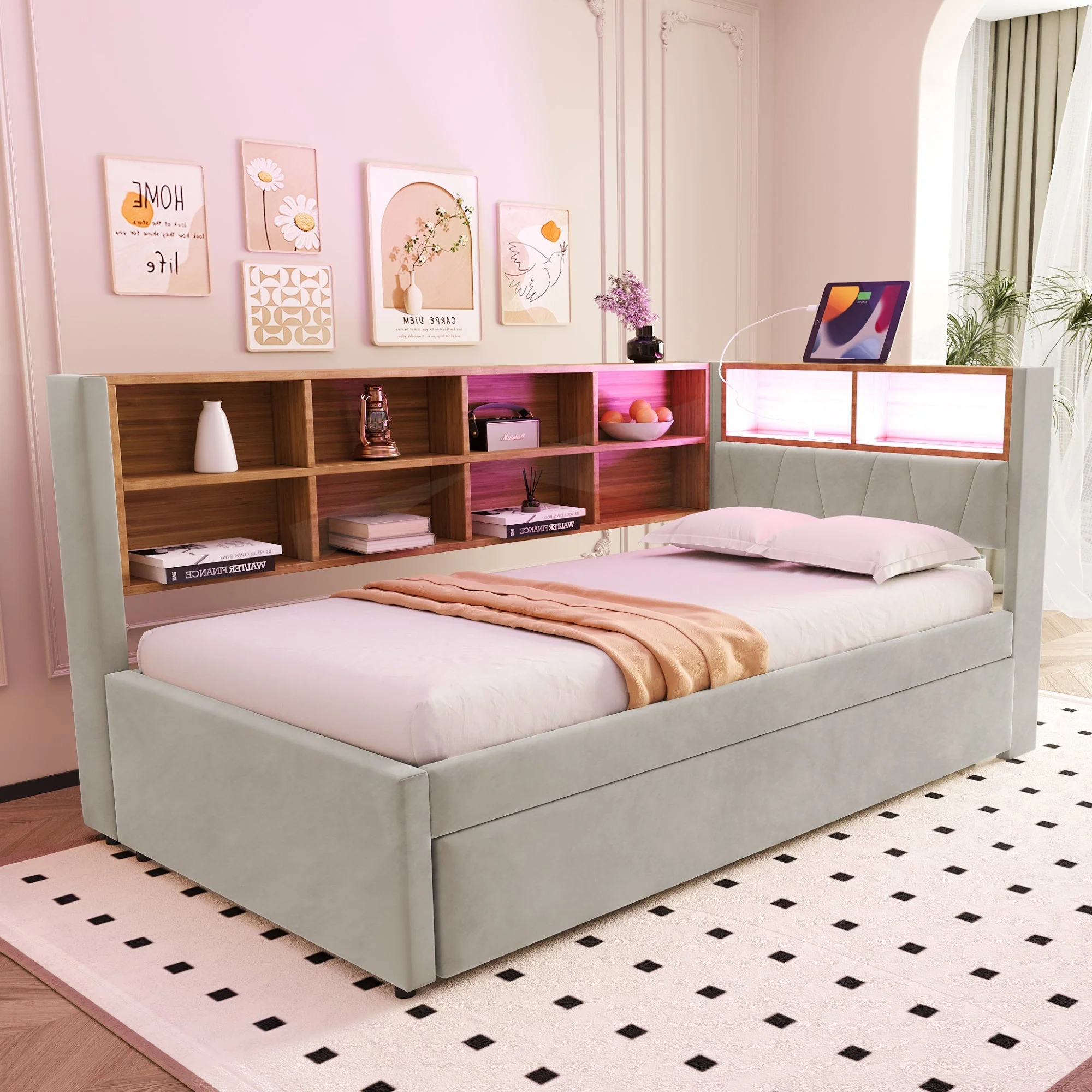 Sofa Bed 90*200, Pull-Out 90*190 with LED Lights, Sockets & Storage, Flannel Light Gray - Image 3