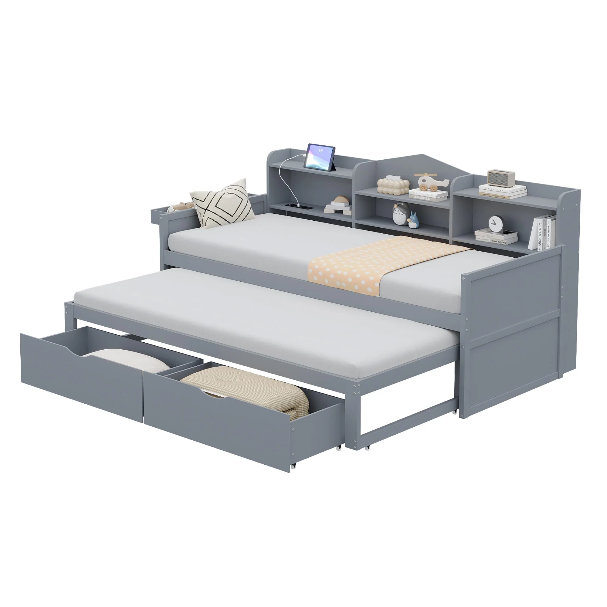 Sofa bed 90*200 with Pull-Out Bed, Drawers & USB Socket, Wood, Gray - Image 10