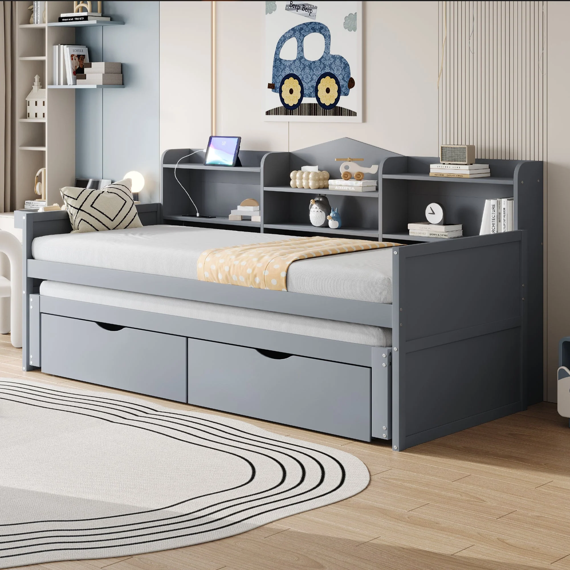 Sofa bed 90*200 with Pull-Out Bed, Drawers & USB Socket, Wood, Gray - Image 3
