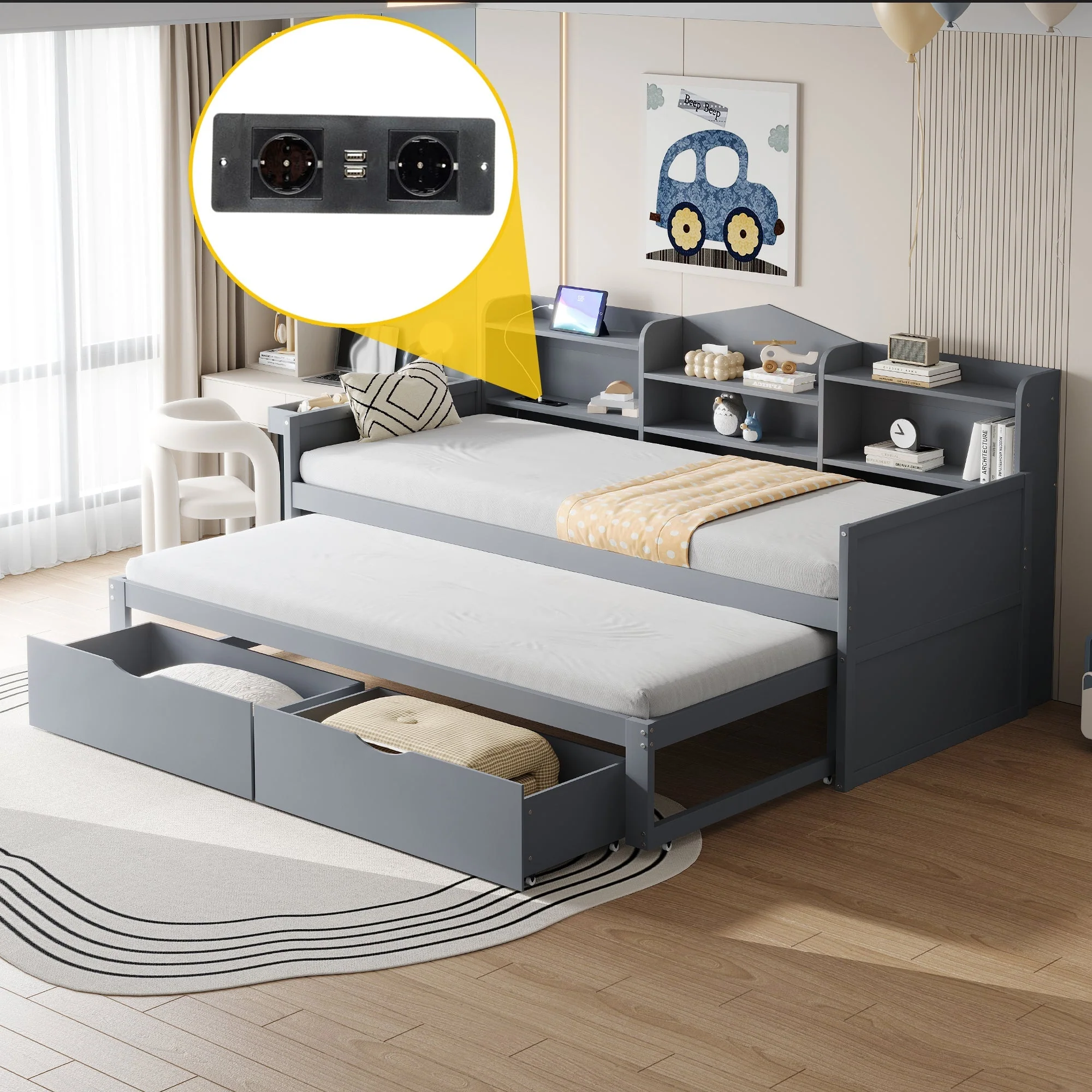Sofa bed 90*200 with Pull-Out Bed, Drawers & USB Socket, Wood, Gray - Image 4