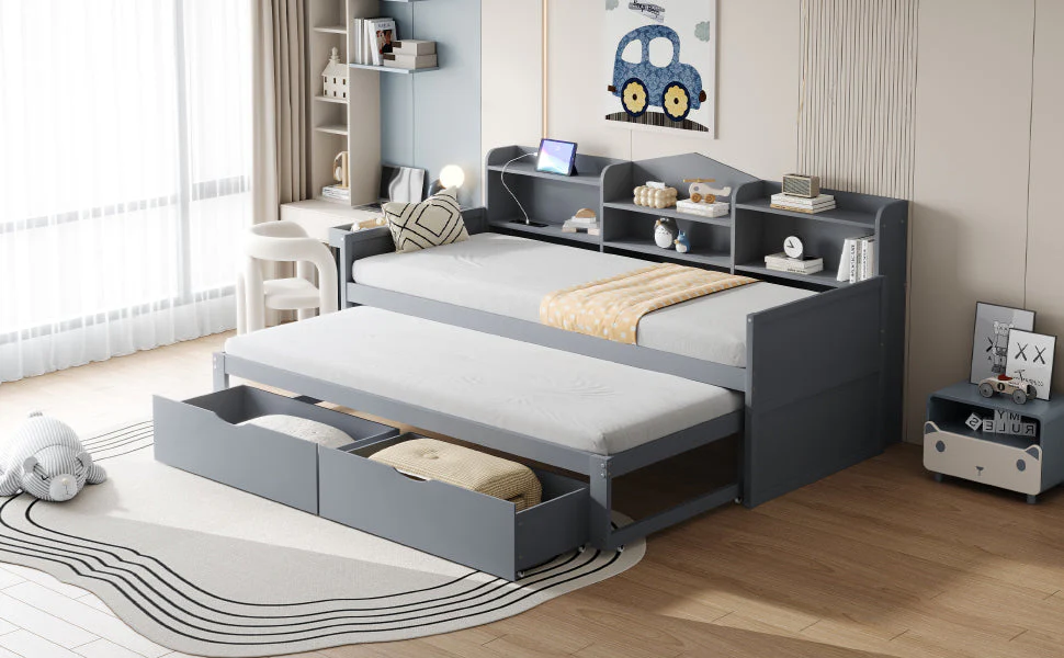 Sofa bed 90*200 with Pull-Out Bed, Drawers & USB Socket, Wood, Gray - Image 7