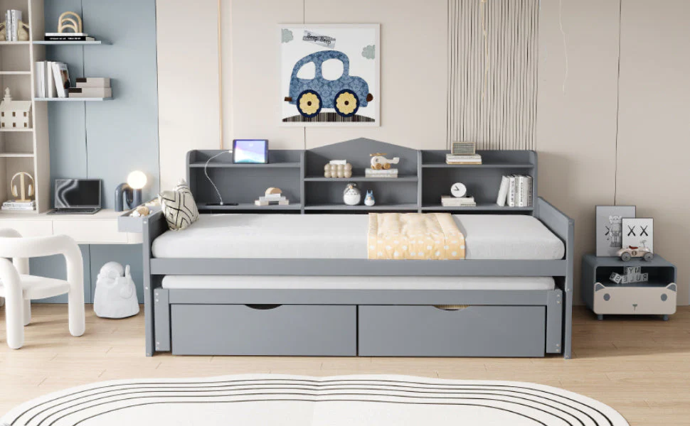 Sofa bed 90*200 with Pull-Out Bed, Drawers & USB Socket, Wood, Gray - Image 9