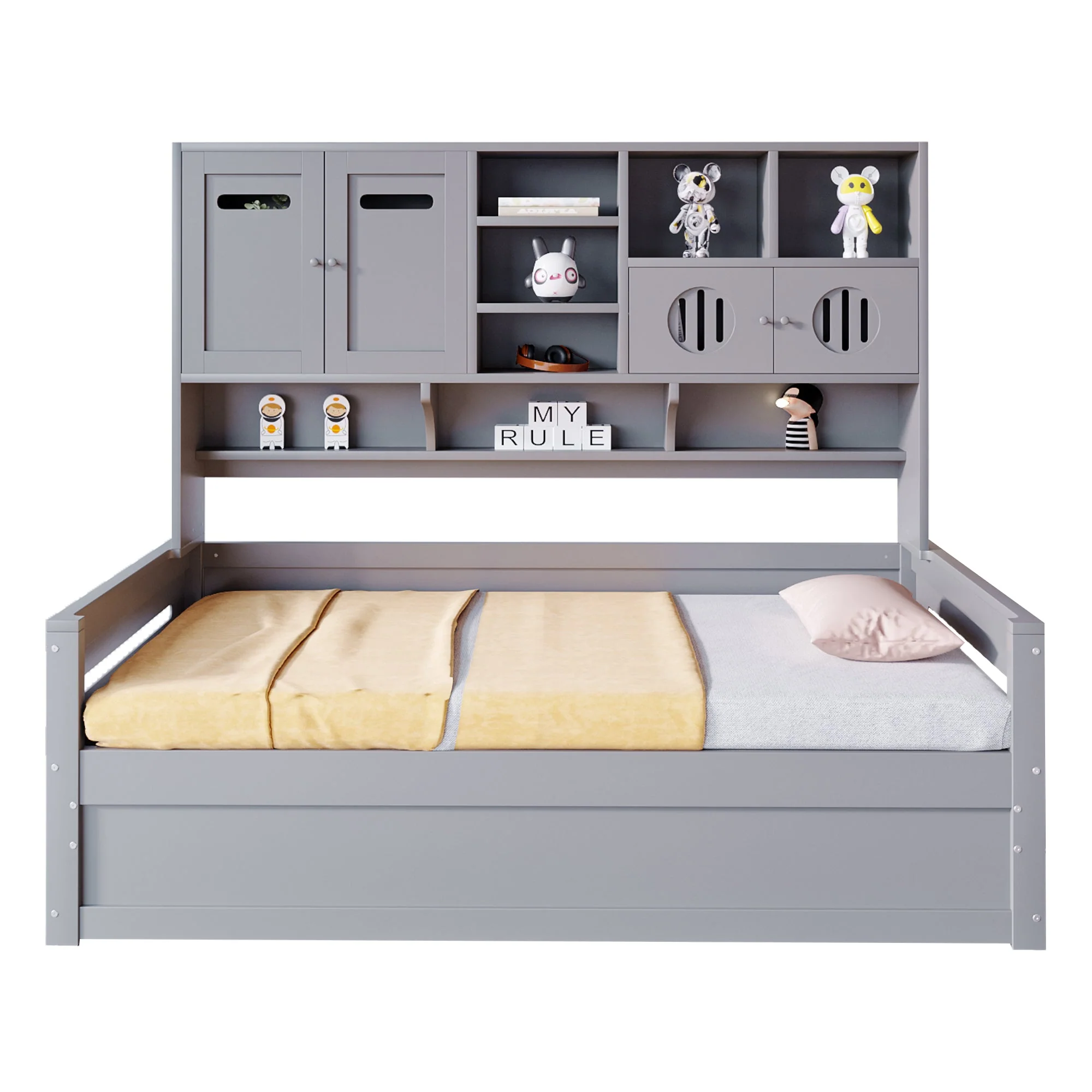Sofa Bed, 90 x 200 cm Multifunctional Hydraulic Single Bed Frame, Grey Wood - Image 4