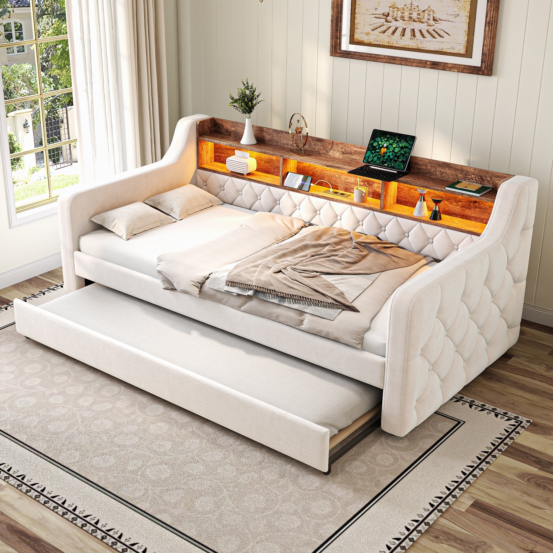 Sofa Bed 90x190cm Storage LED USB-C - Beige Velvet