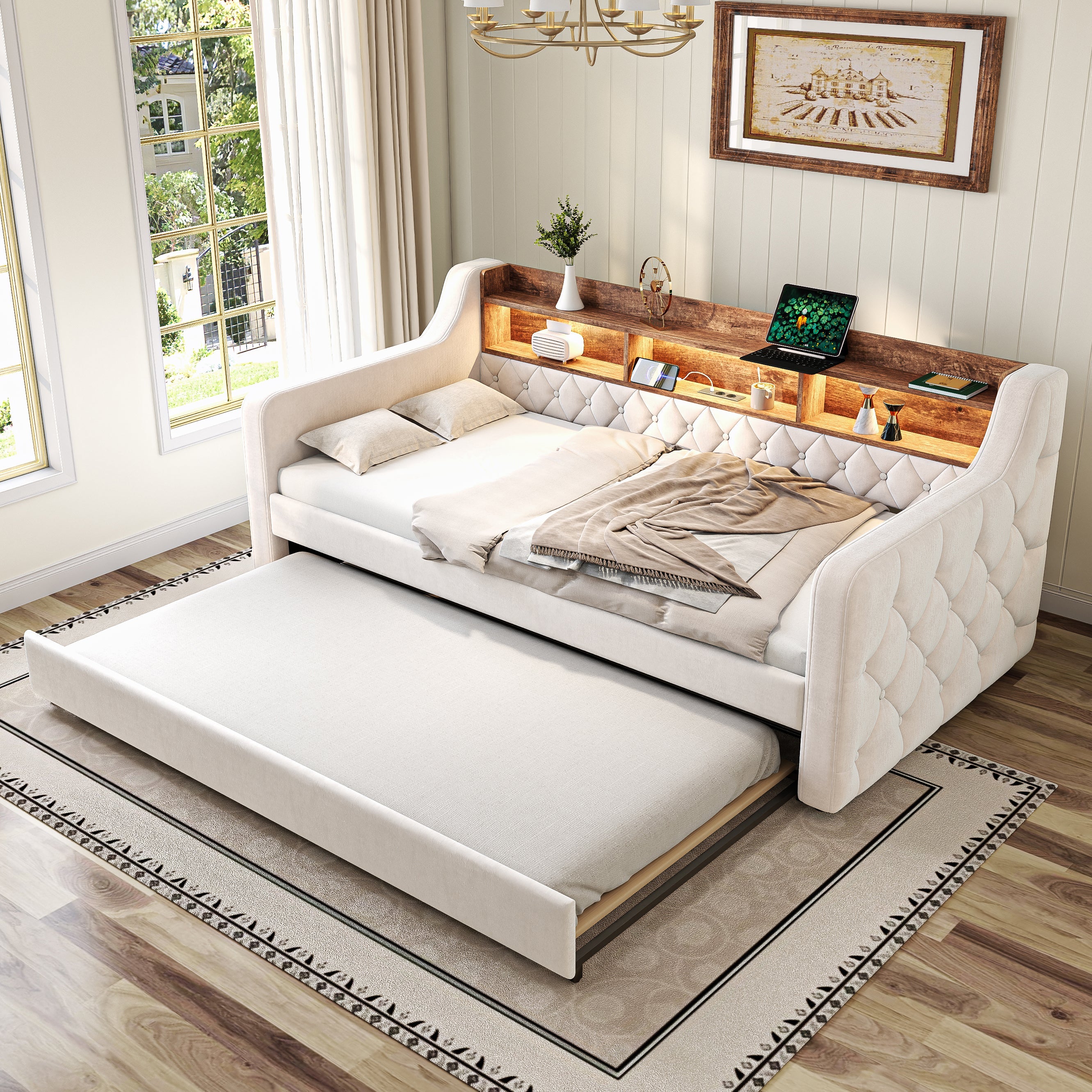 Sofa Bed 90x190cm Storage LED USB-C - Beige Velvet - Image 3