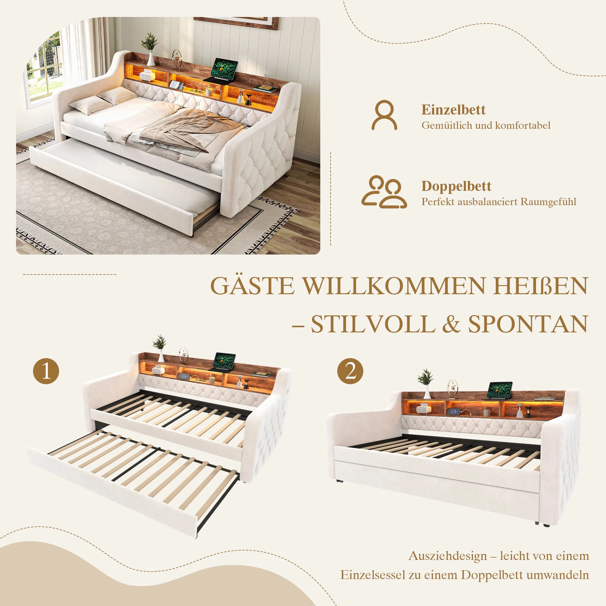 Sofa Bed 90x190cm Storage LED USB-C - Beige Velvet - Image 5