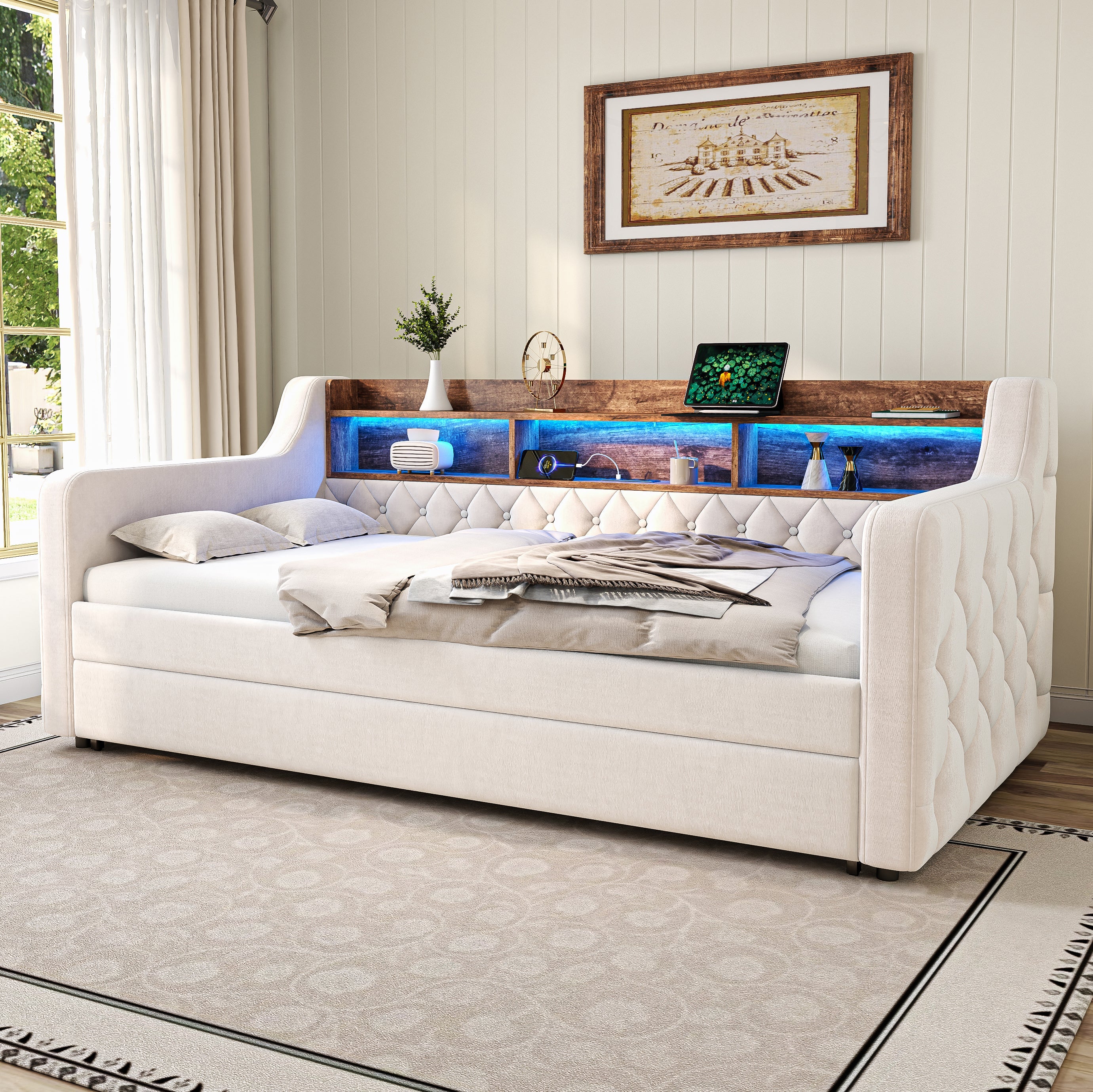 Sofa Bed 90x190cm Storage LED USB-C - Beige Velvet - Image 6