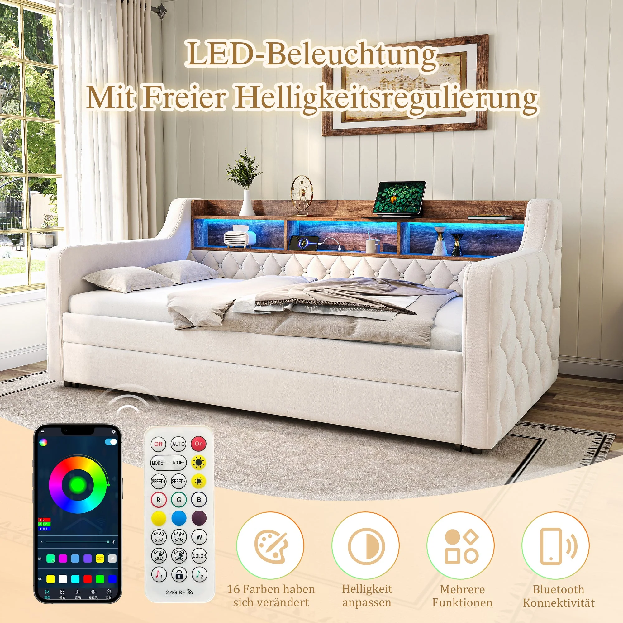Sofa Bed 90x190cm Storage LED USB-C - Beige Velvet - Image 7