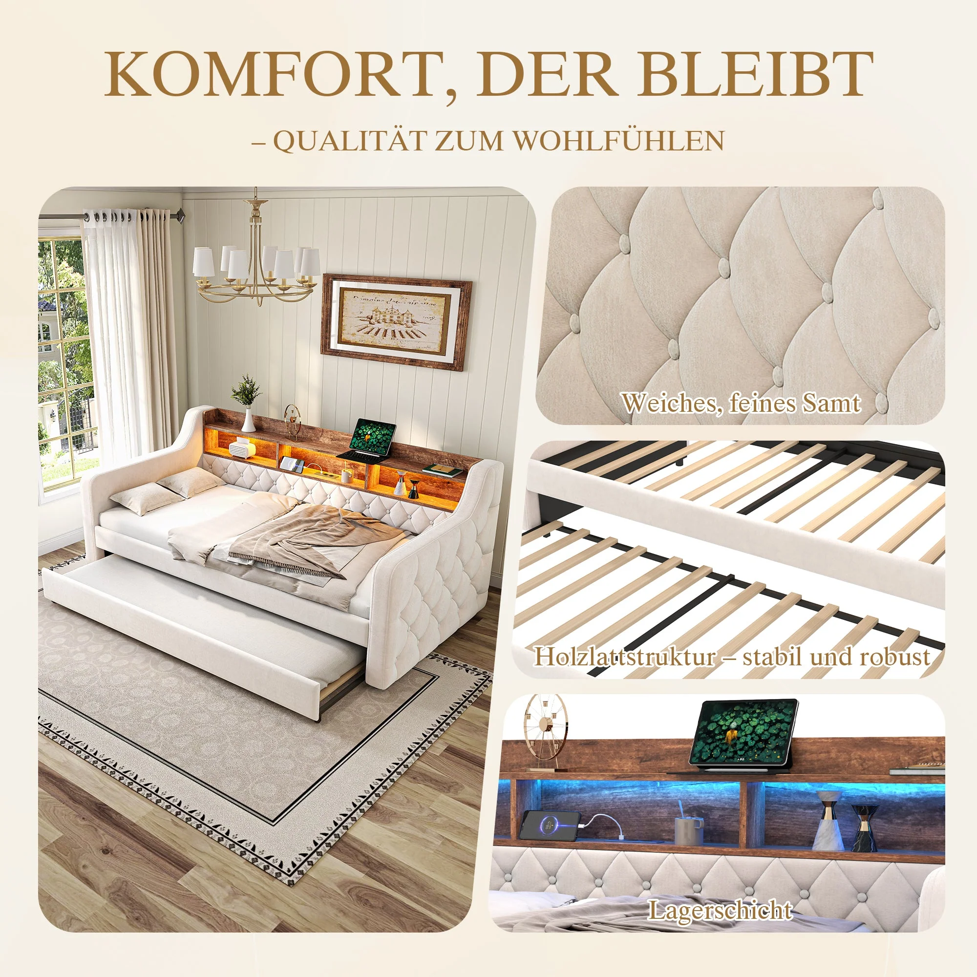 Sofa Bed 90x190cm Storage LED USB-C - Beige Velvet - Image 8