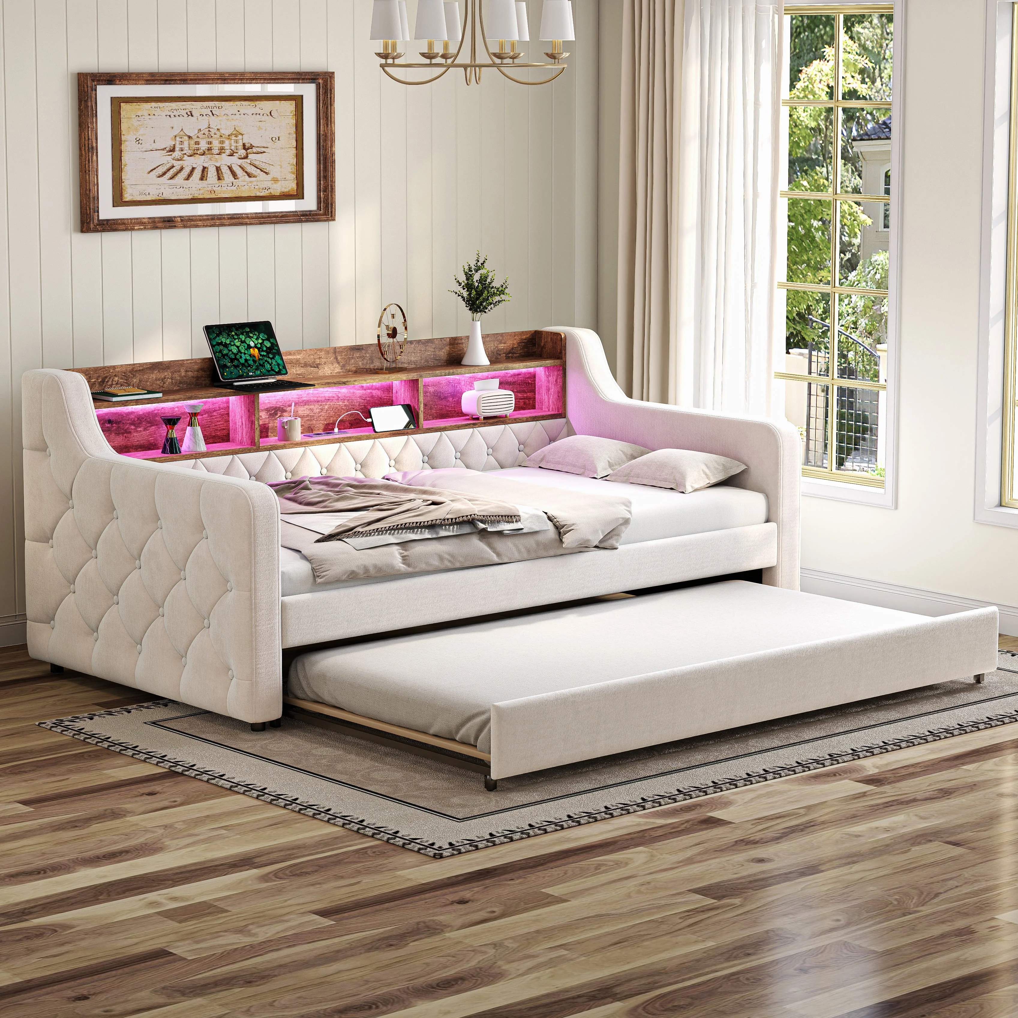 Sofa Bed 90x190cm Storage LED USB-C - Beige Velvet - Image 9