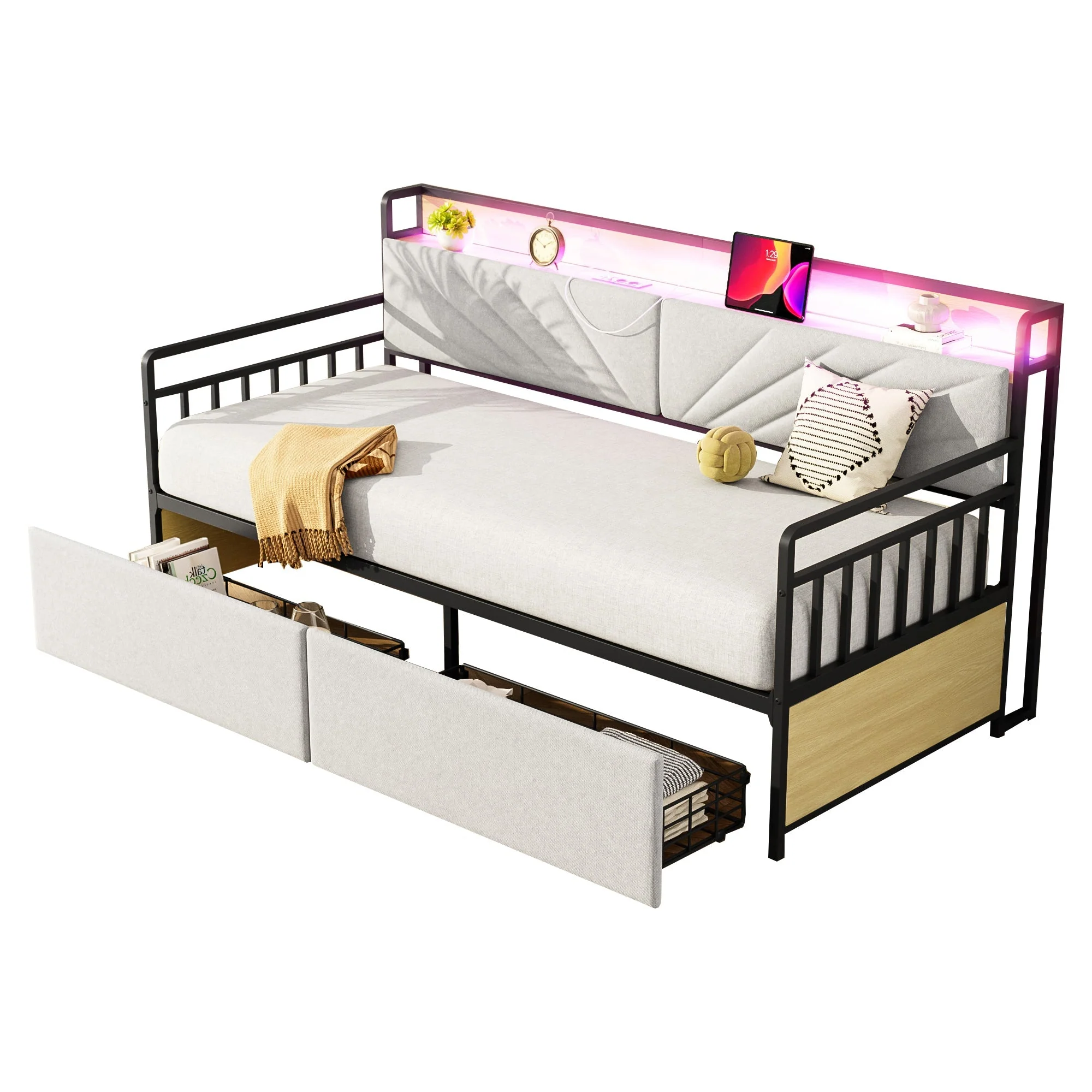 Sofa Bed, 90x200 cm LED, Shelves & Drawers, Beige Iron - Image 6