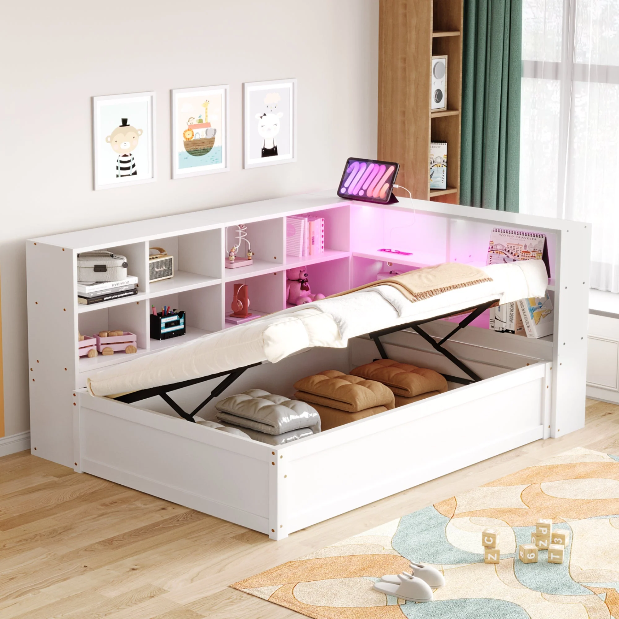 Sofa Bed, 90x200 Multifunctional with Sockets, Storage, Light Bar, Hydraulic, Solid Wood, White - Image 2