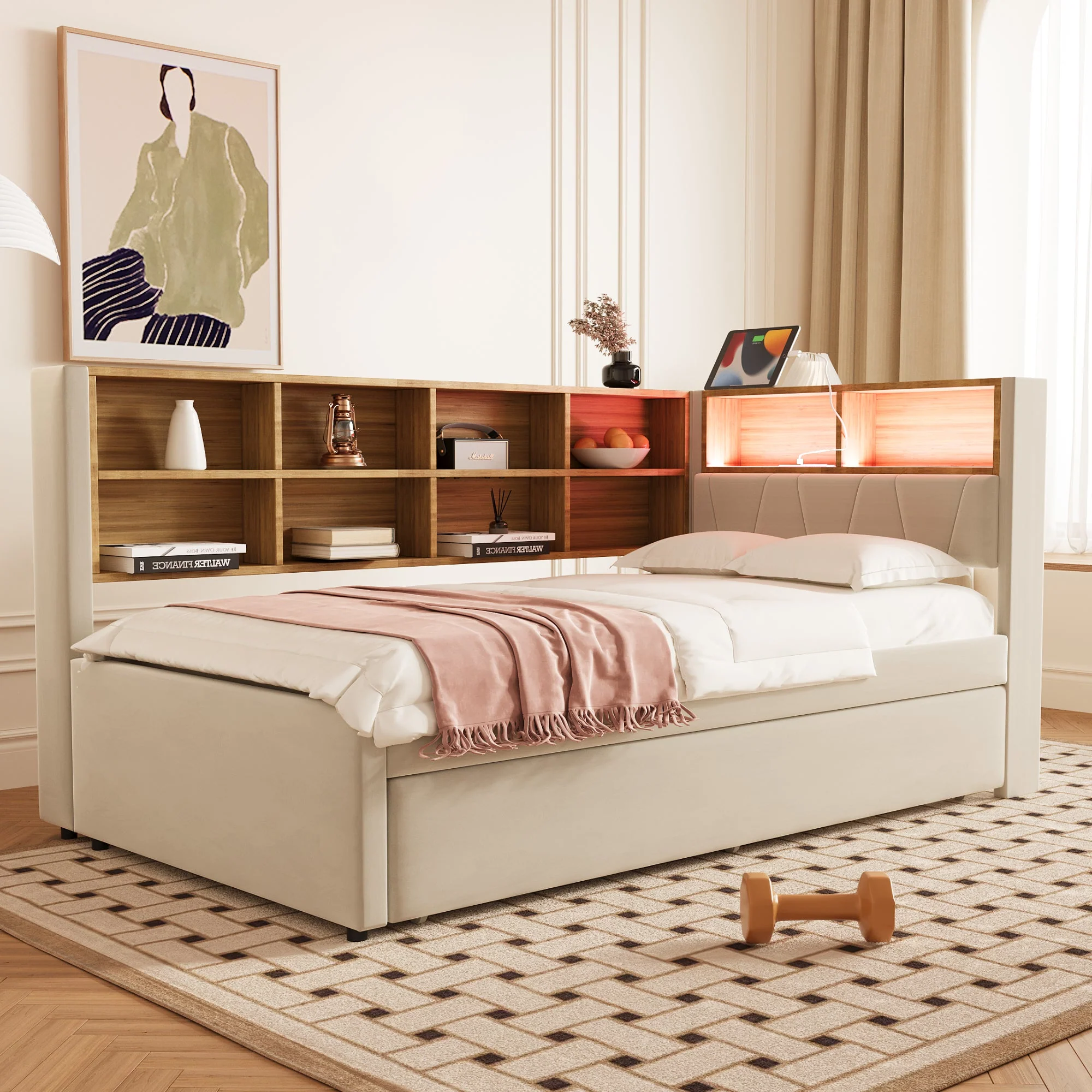 Sofa Bed 90x200 Pull-Out LED Storage Flannel Beige - Image 2