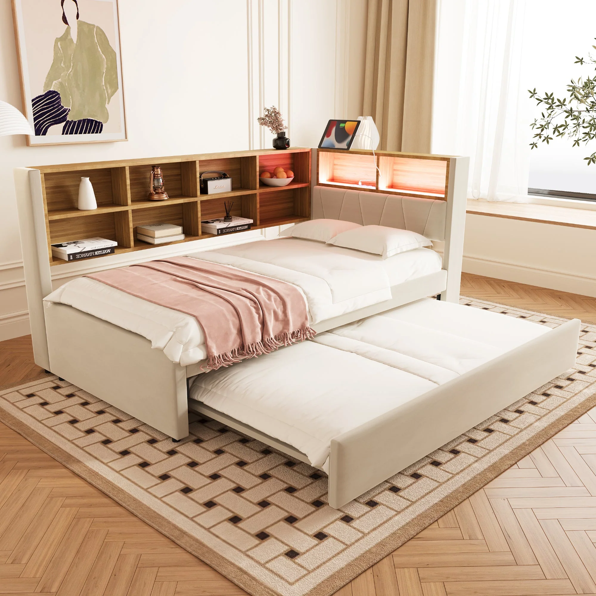 Sofa Bed 90x200 Pull-Out LED Storage Flannel Beige - Image 3