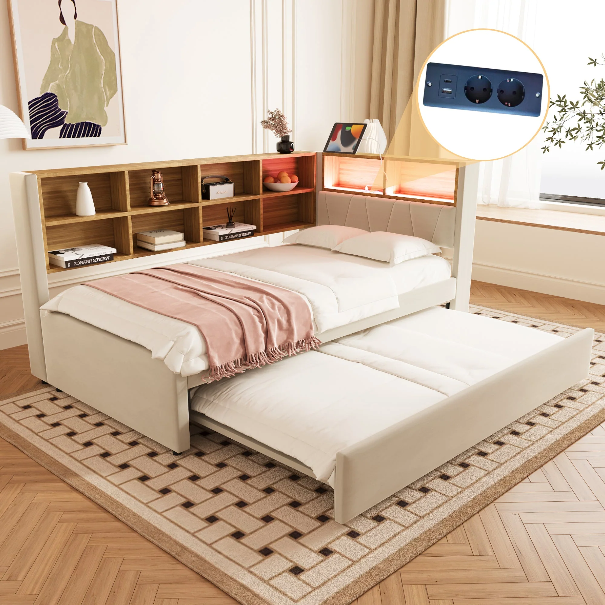 Sofa Bed 90x200 Pull-Out LED Storage Flannel Beige - Image 5