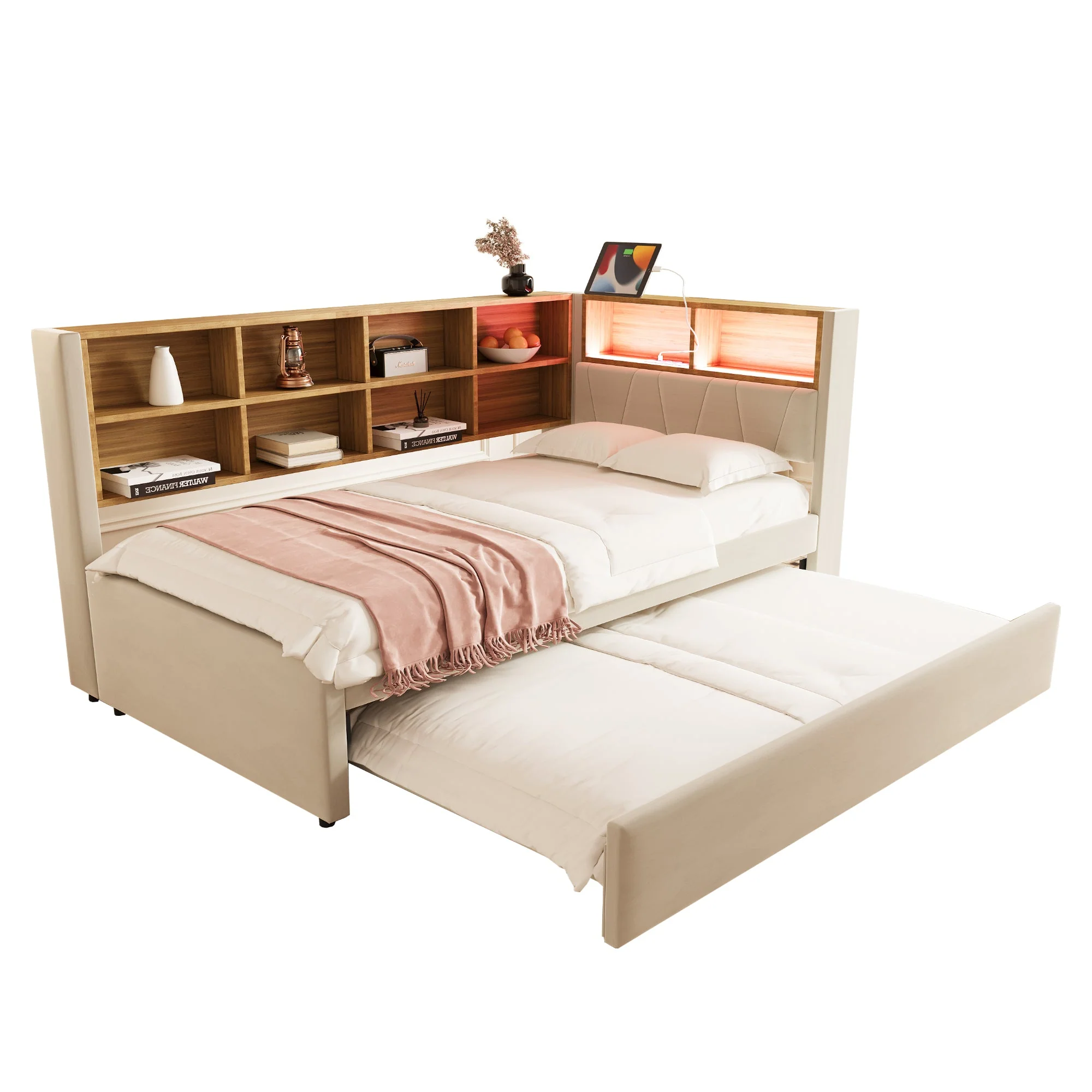 Sofa Bed 90x200 Pull-Out LED Storage Flannel Beige - Image 6