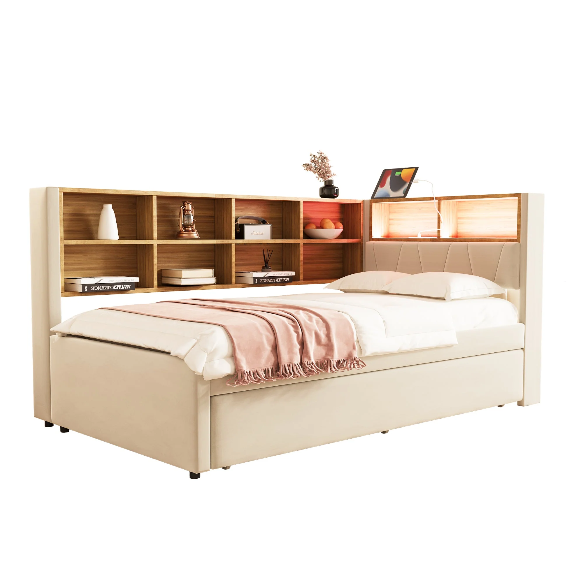 Sofa Bed 90x200 Pull-Out LED Storage Flannel Beige - Image 7