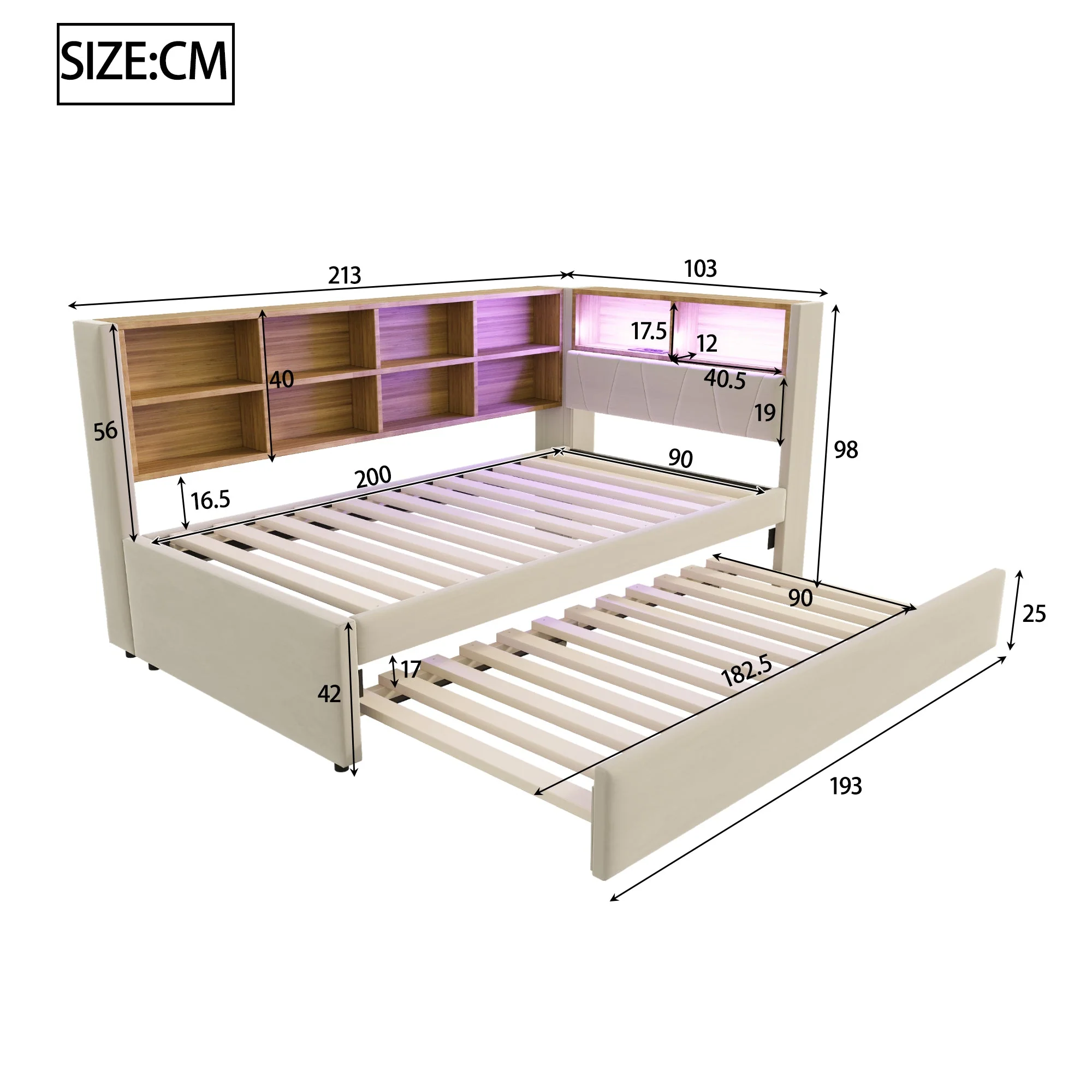 Sofa Bed 90x200 Pull-Out LED Storage Flannel Beige - Image 8