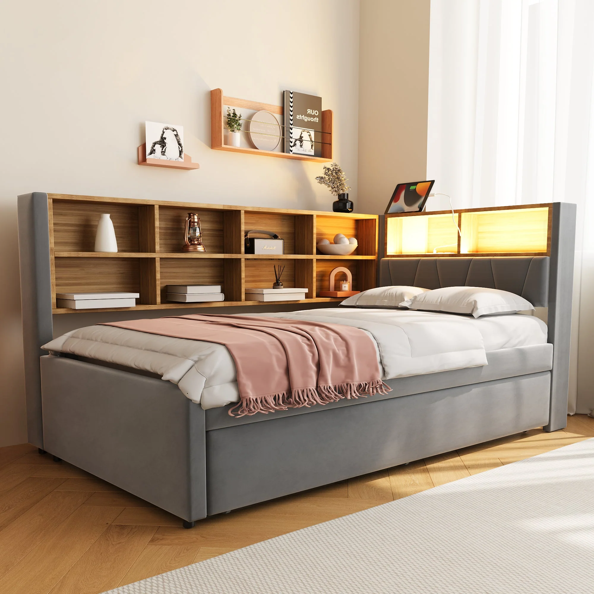 Sofa Bed 90x200 Pull-Out LED/Storage Upholstered Flannel Dark Grey - Image 2