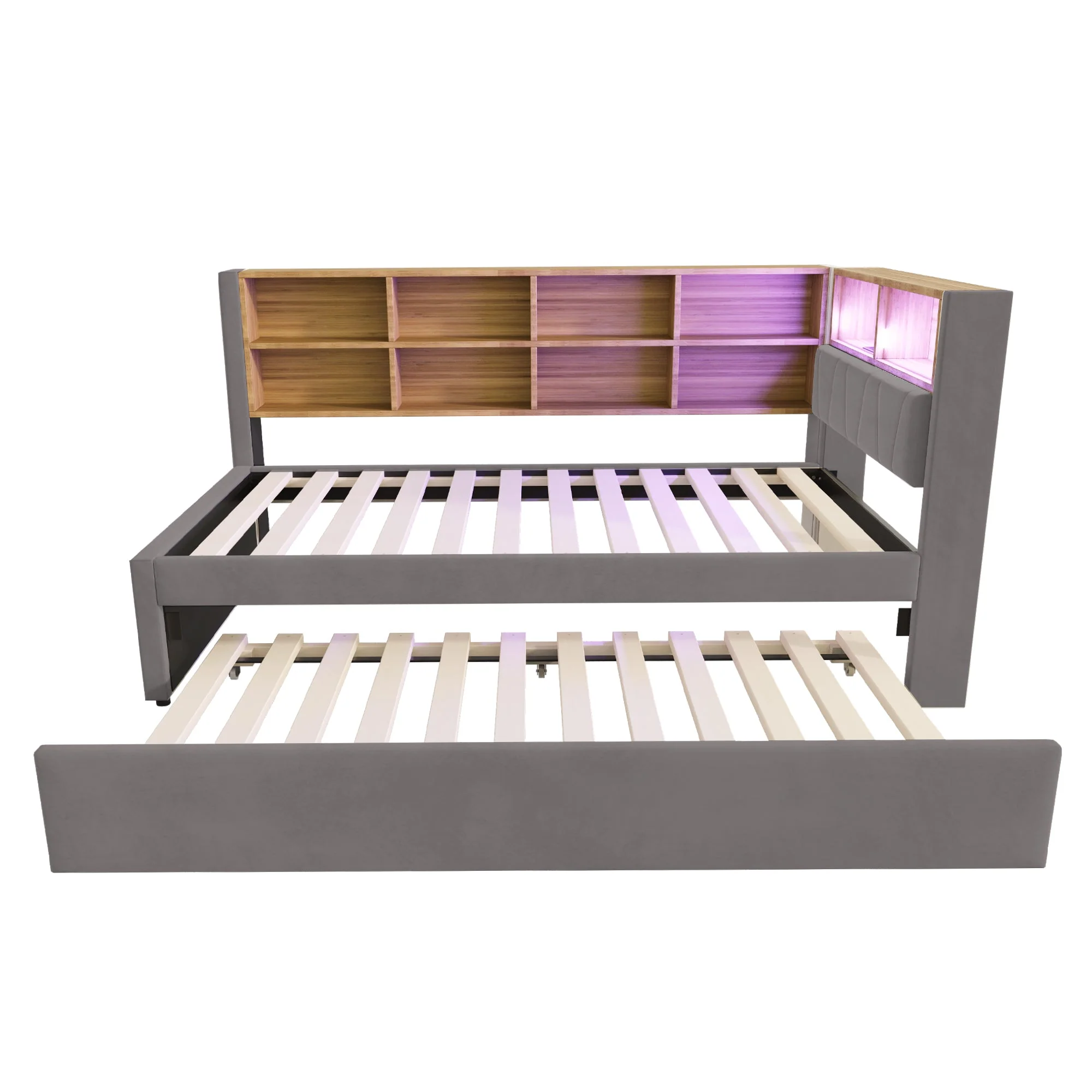 Sofa Bed 90x200 Pull-Out LED/Storage Upholstered Flannel Dark Grey - Image 8