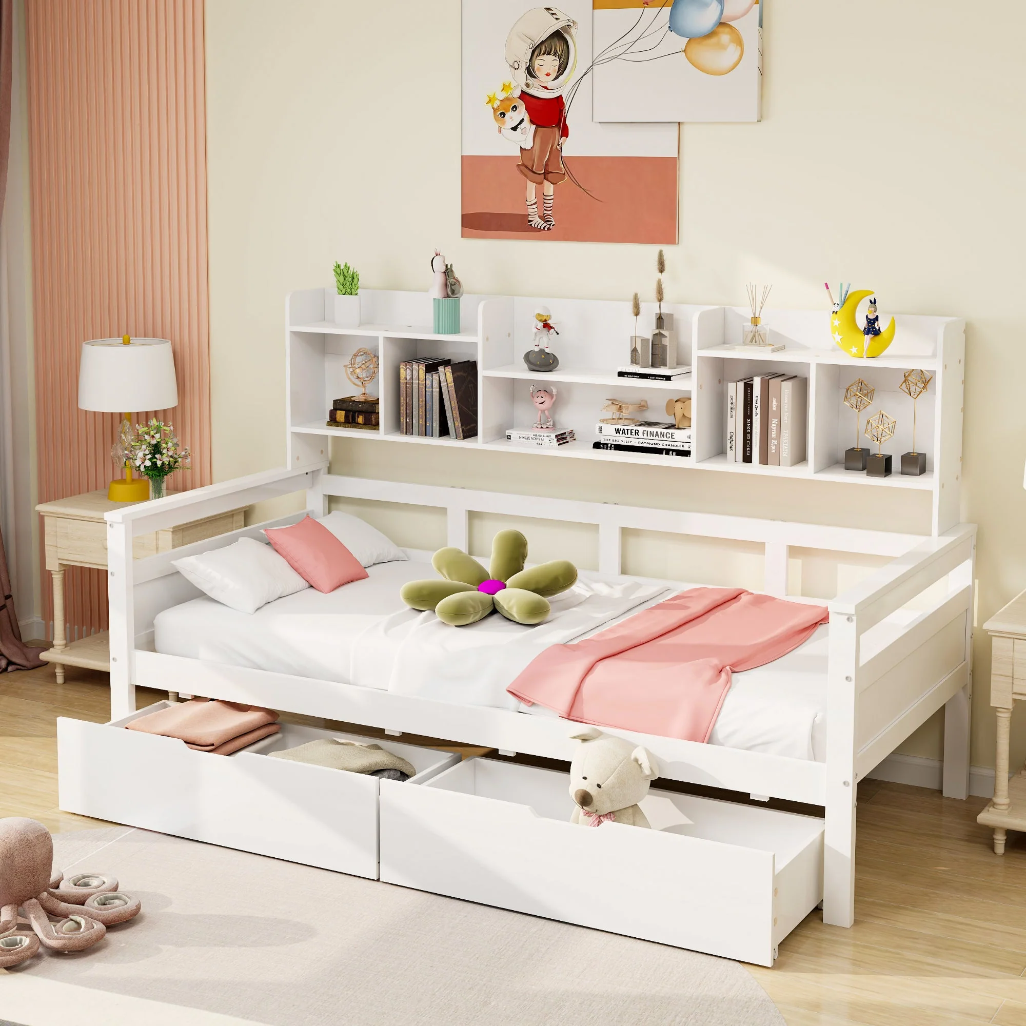 Sofa Bed 90x200, Storage Slatted Frame, Solid Wood White - Image 2