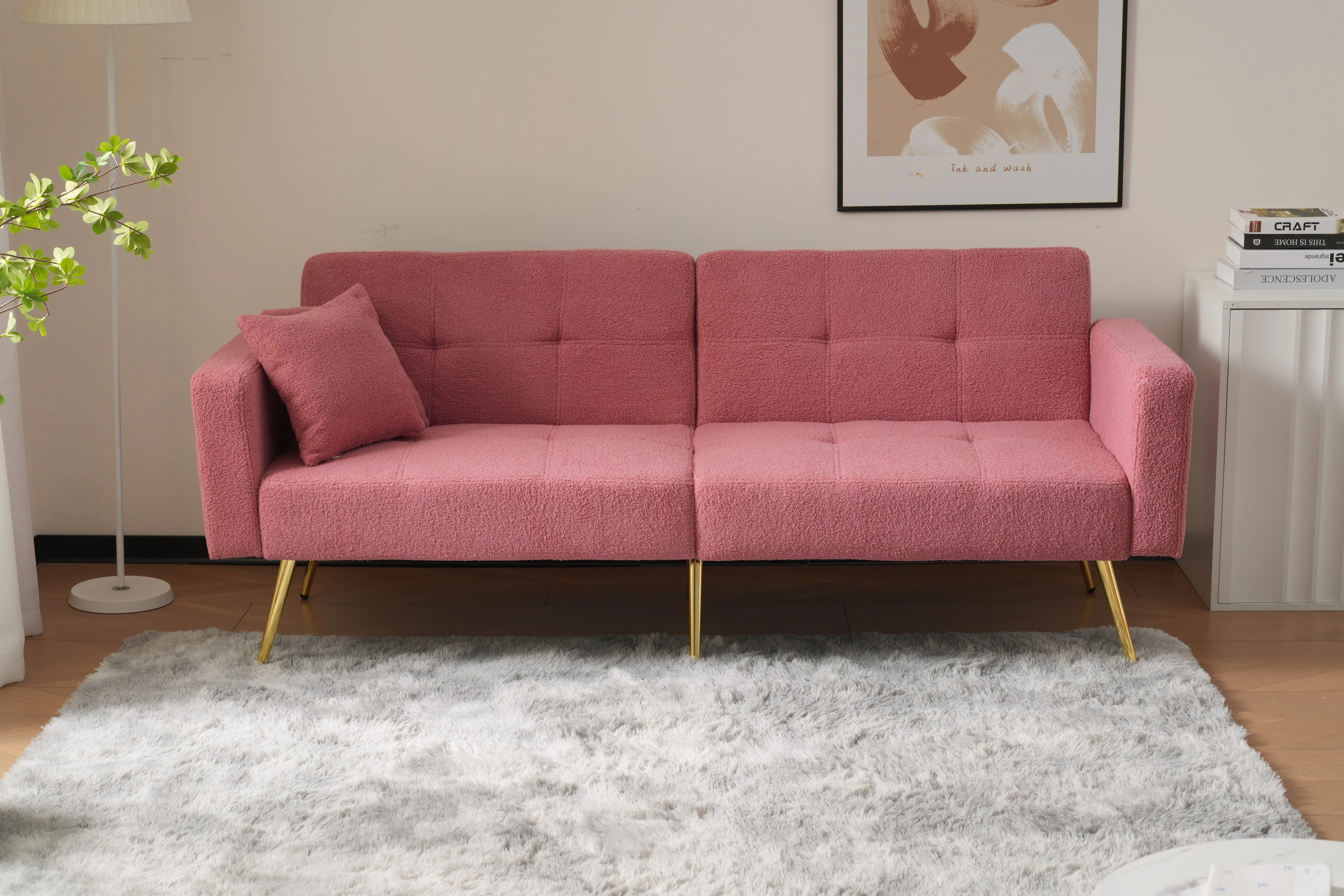 Sofa Bed Adjustable Angle Cushions Storage Pockets Gold Metal Legs - Image 8