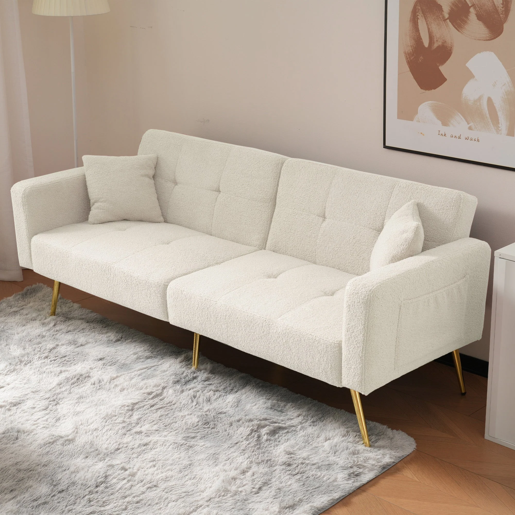 Sofa Bed Adjustable Angle Gold Legs Storage Pockets Fabric - Image 2