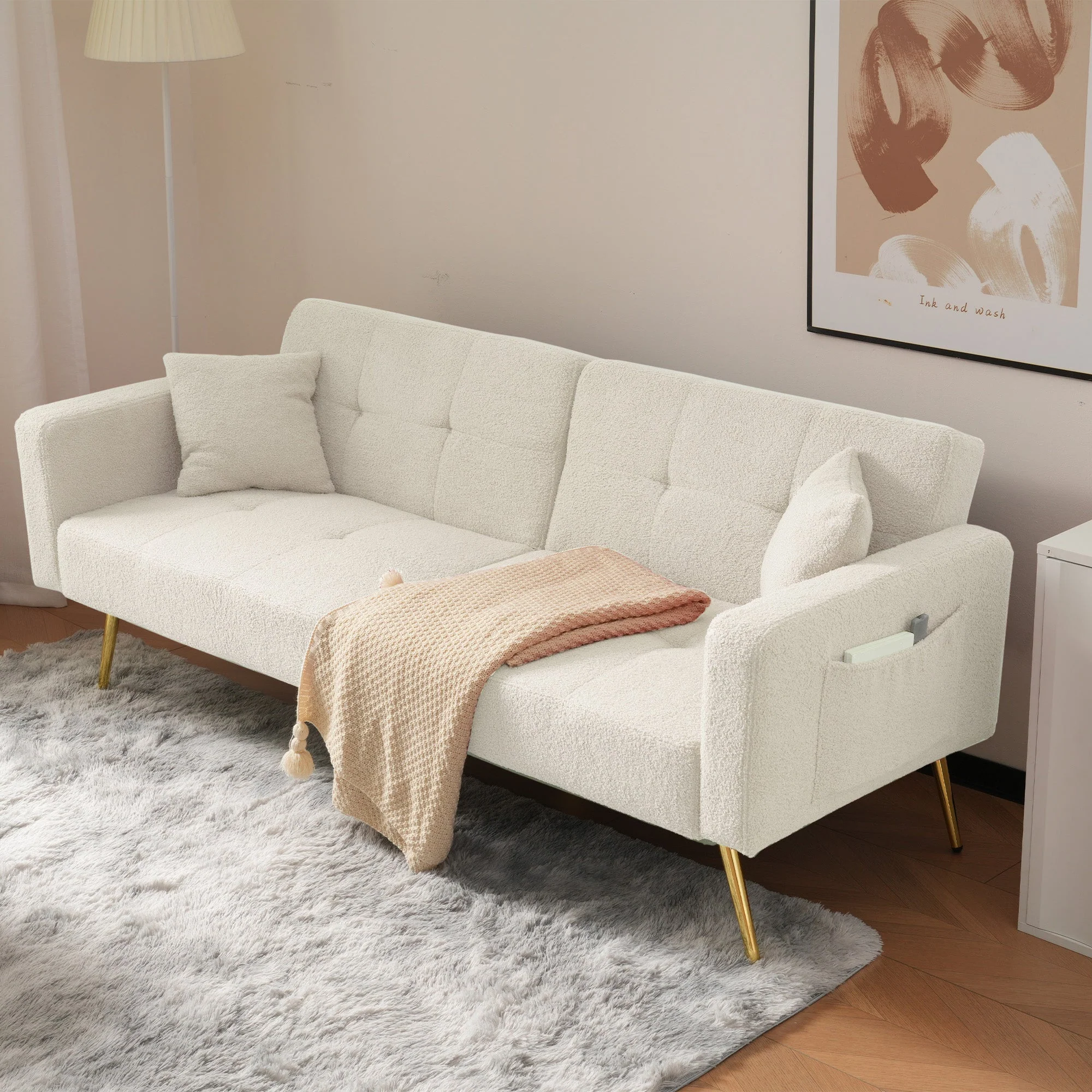 Sofa Bed Adjustable Angle Gold Legs Storage Pockets Fabric - Image 4