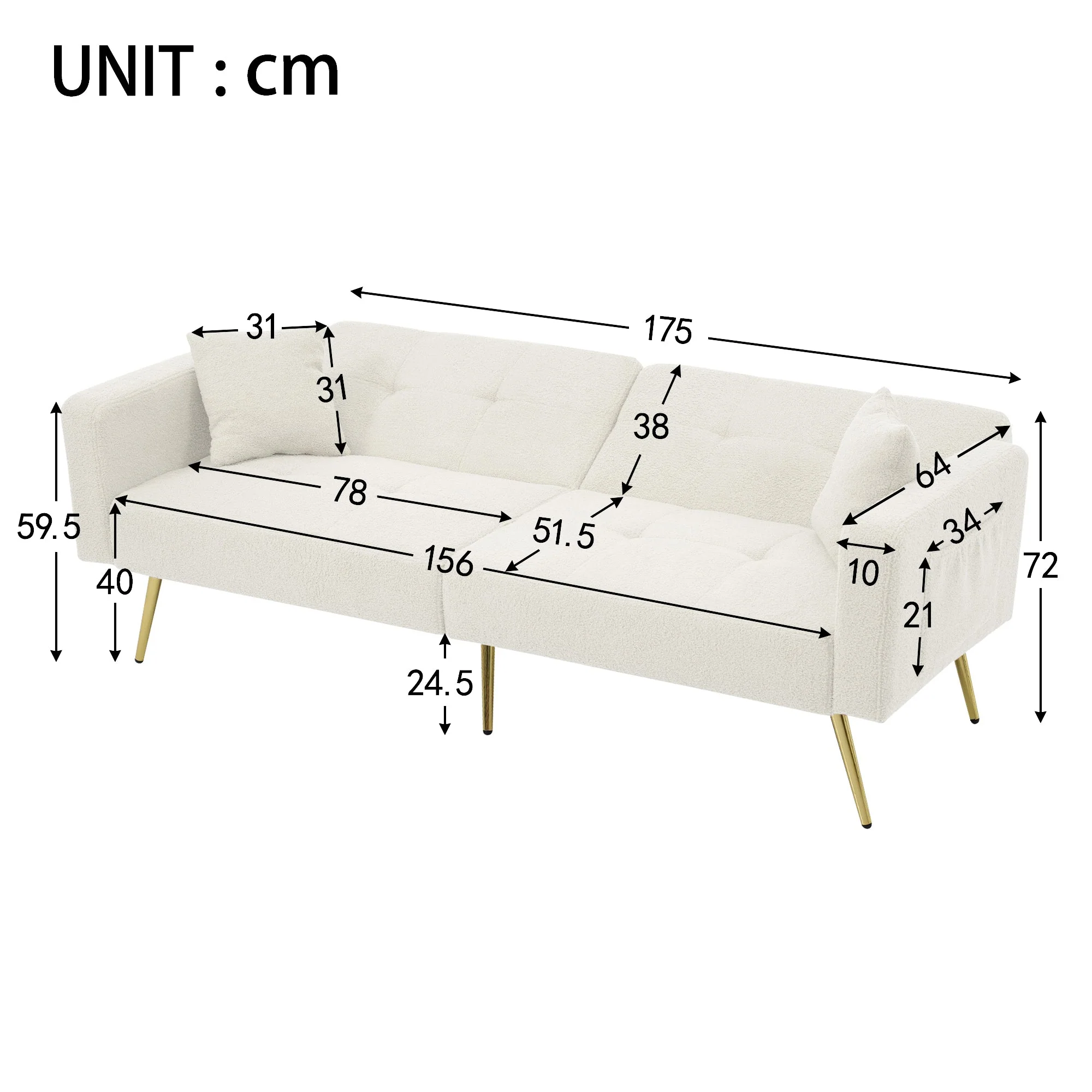 Sofa Bed Adjustable Angle Gold Legs Storage Pockets Fabric - Image 6