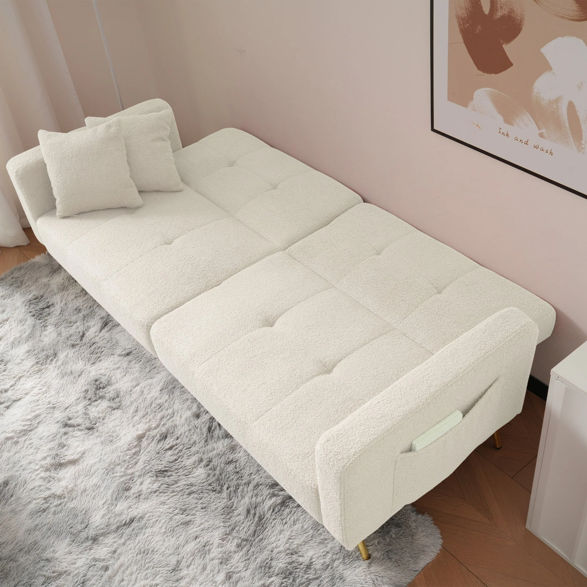 Sofa Bed Adjustable Angle Gold Legs Storage Pockets Fabric - Image 7