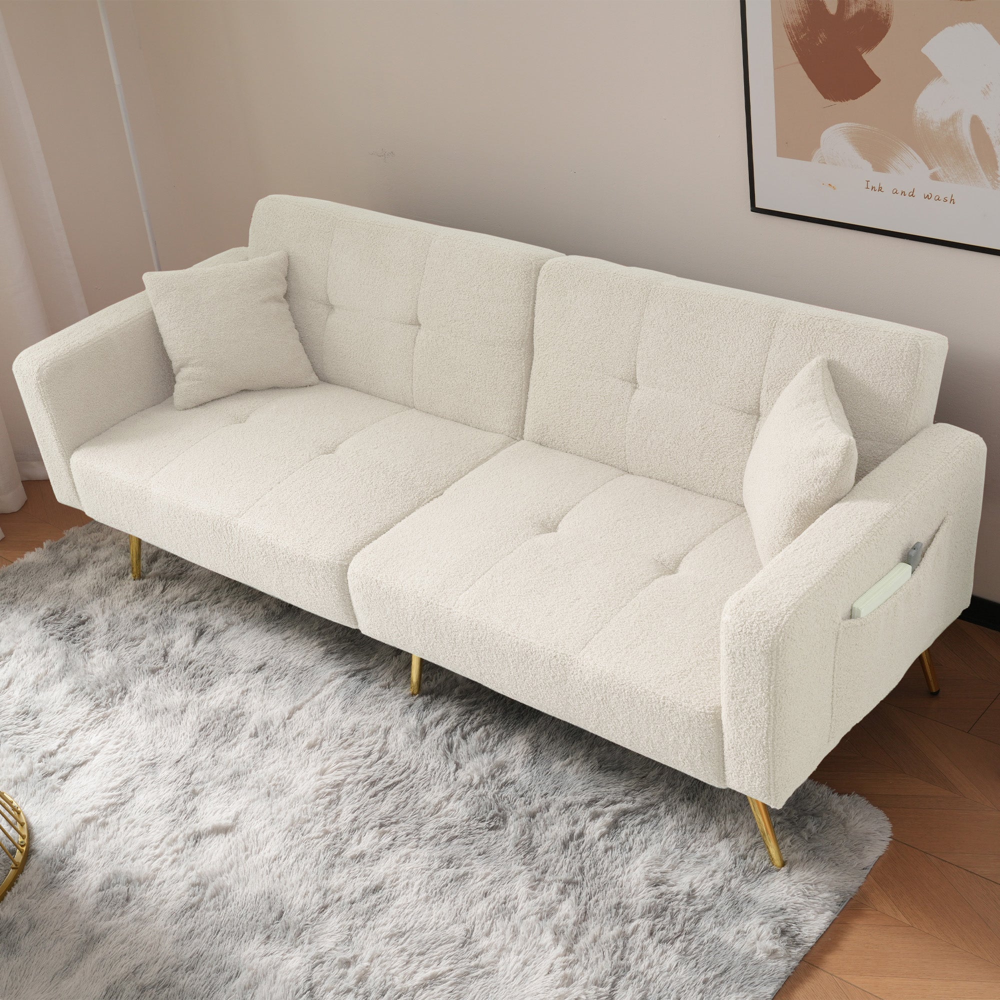 Sofa Bed Adjustable Angle Gold Legs Storage Pockets Fabric - Image 8