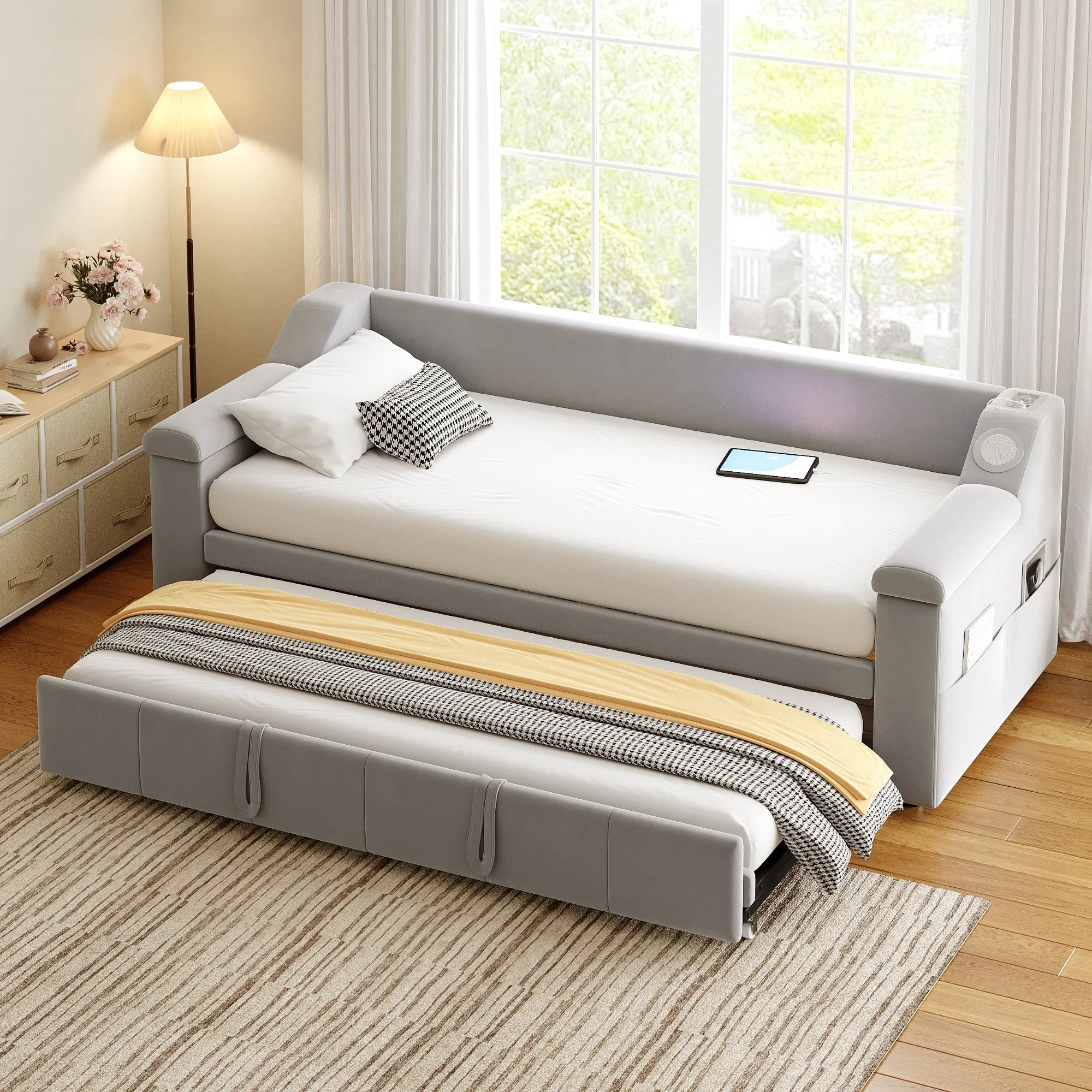 Sofa Bed, Bluetooth Stereo, Storage, Slatted Frame, Light Grey Velvet - Image 3
