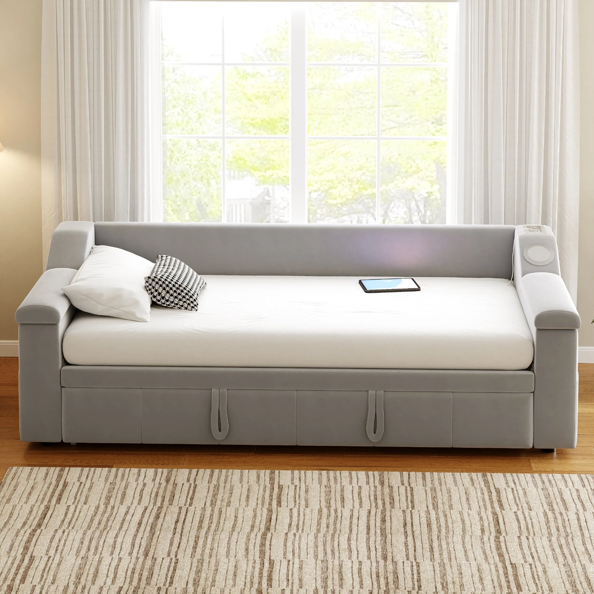 Sofa Bed, Bluetooth Stereo, Storage, Slatted Frame, Light Grey Velvet - Image 4