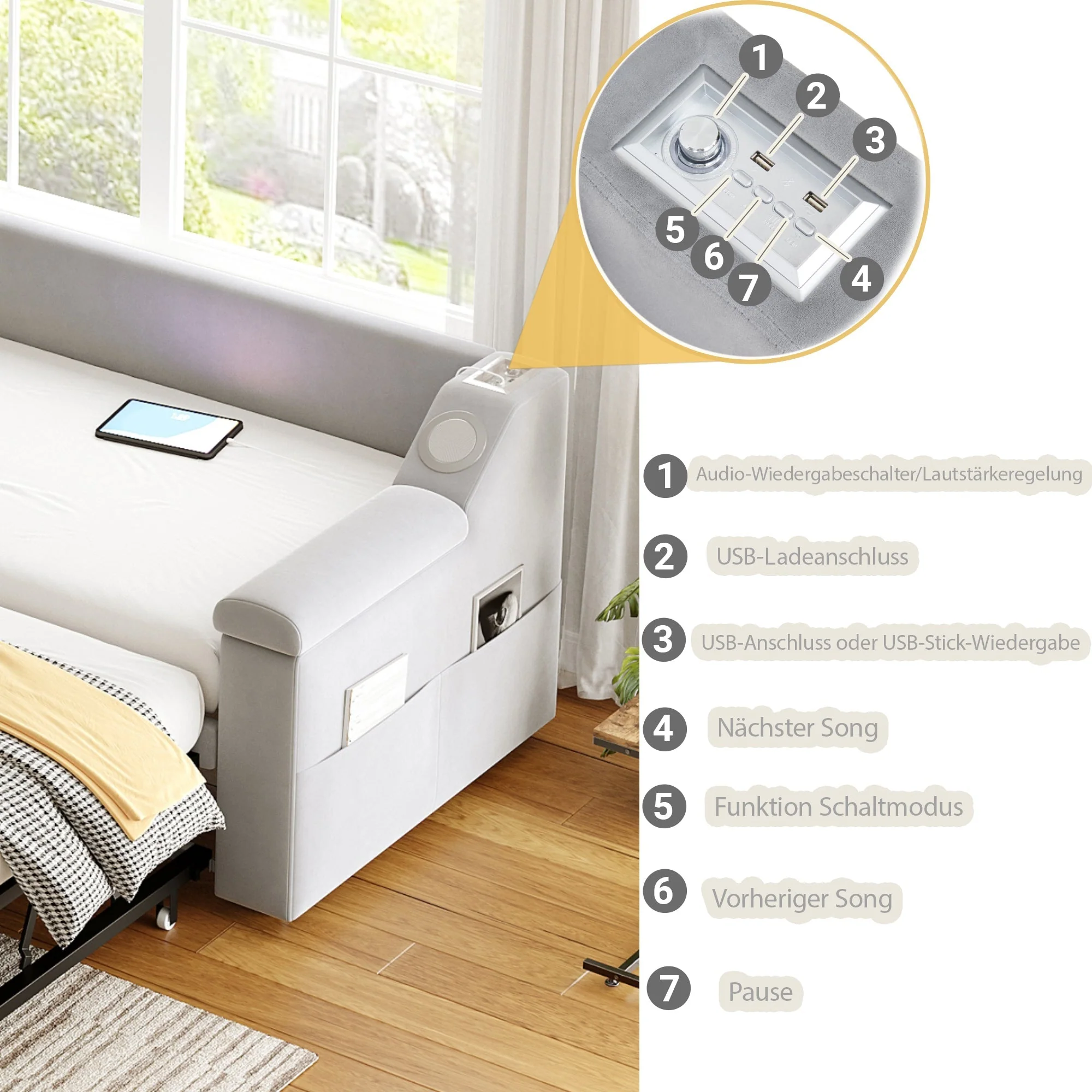 Sofa Bed, Bluetooth Stereo, Storage, Slatted Frame, Light Grey Velvet - Image 5
