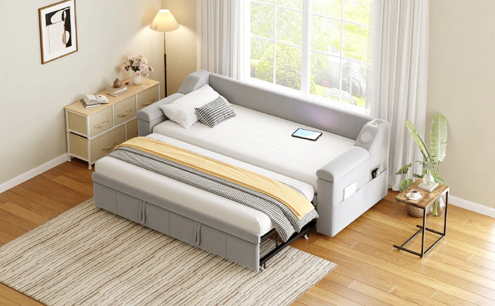 Sofa Bed, Bluetooth Stereo, Storage, Slatted Frame, Light Grey Velvet - Image 7