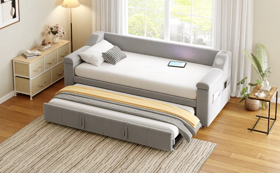 Sofa Bed, Bluetooth Stereo, Storage, Slatted Frame, Light Grey Velvet - Image 9